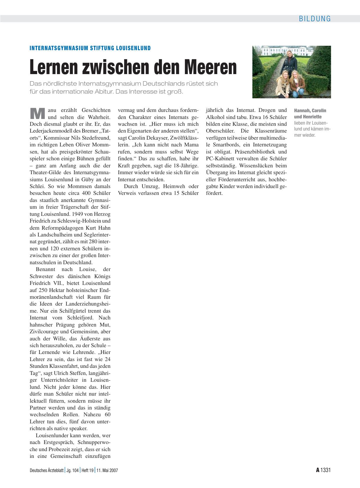 Vorschauseite 1: Internatsgymnasium Stiftung Louisenlund: Lernen zwischen den Meeren