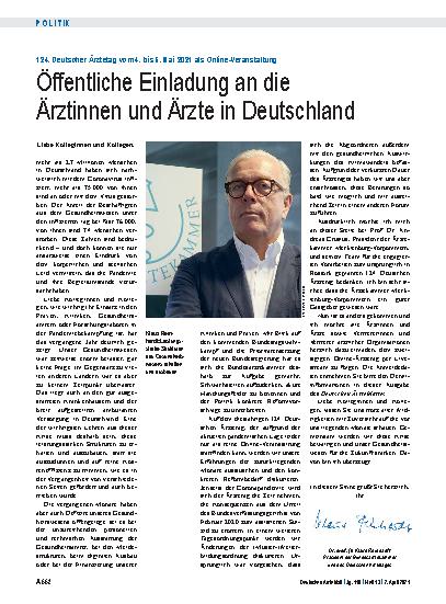Vorschauseite 1: 124. Deutscher Ärztetag vom 4. bis 5. Mai 2021 als Online-Veranstaltung: Öffentliche Einladung an die Ärztinnen und Ärzte in Deutschland