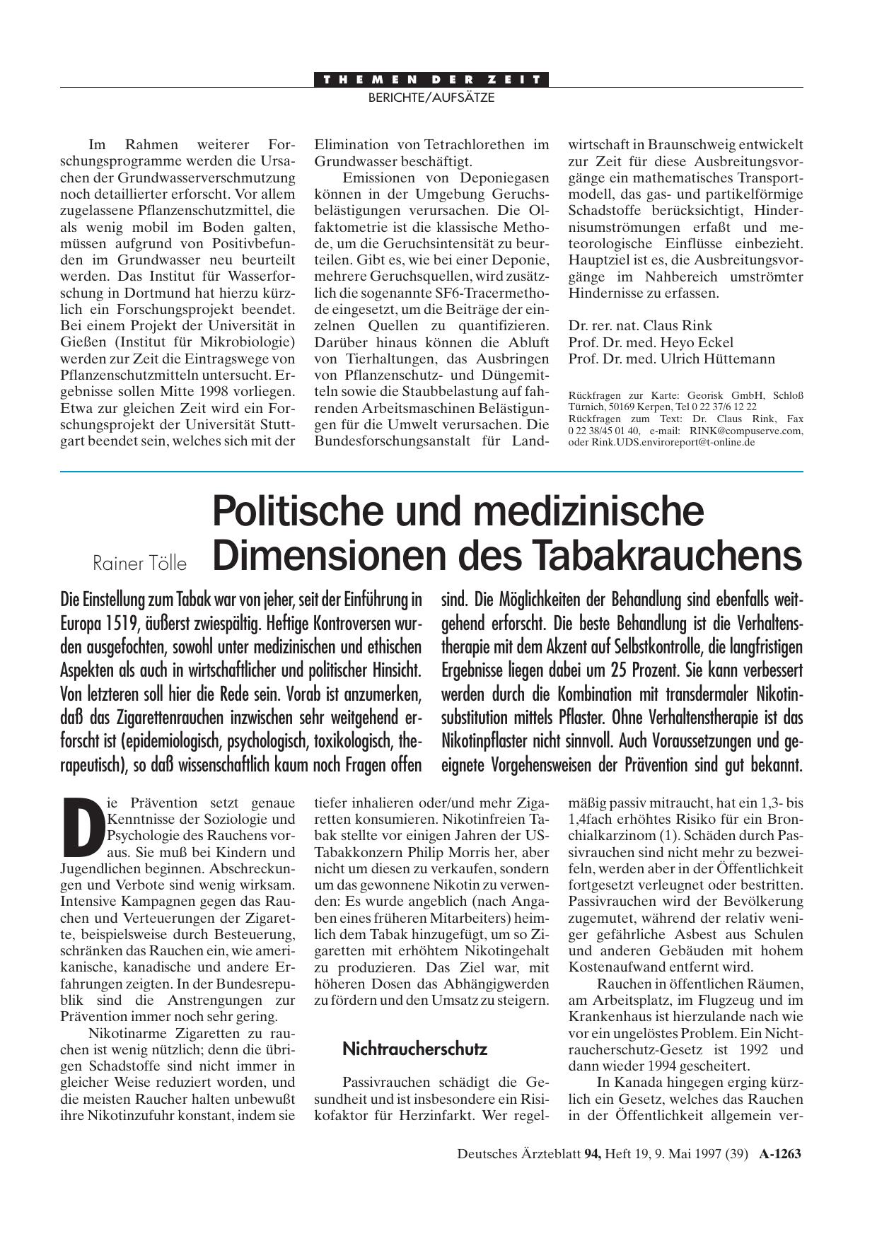 Vorschauseite 1: Politische und medizinische Dimensionen des Tabakrauchens