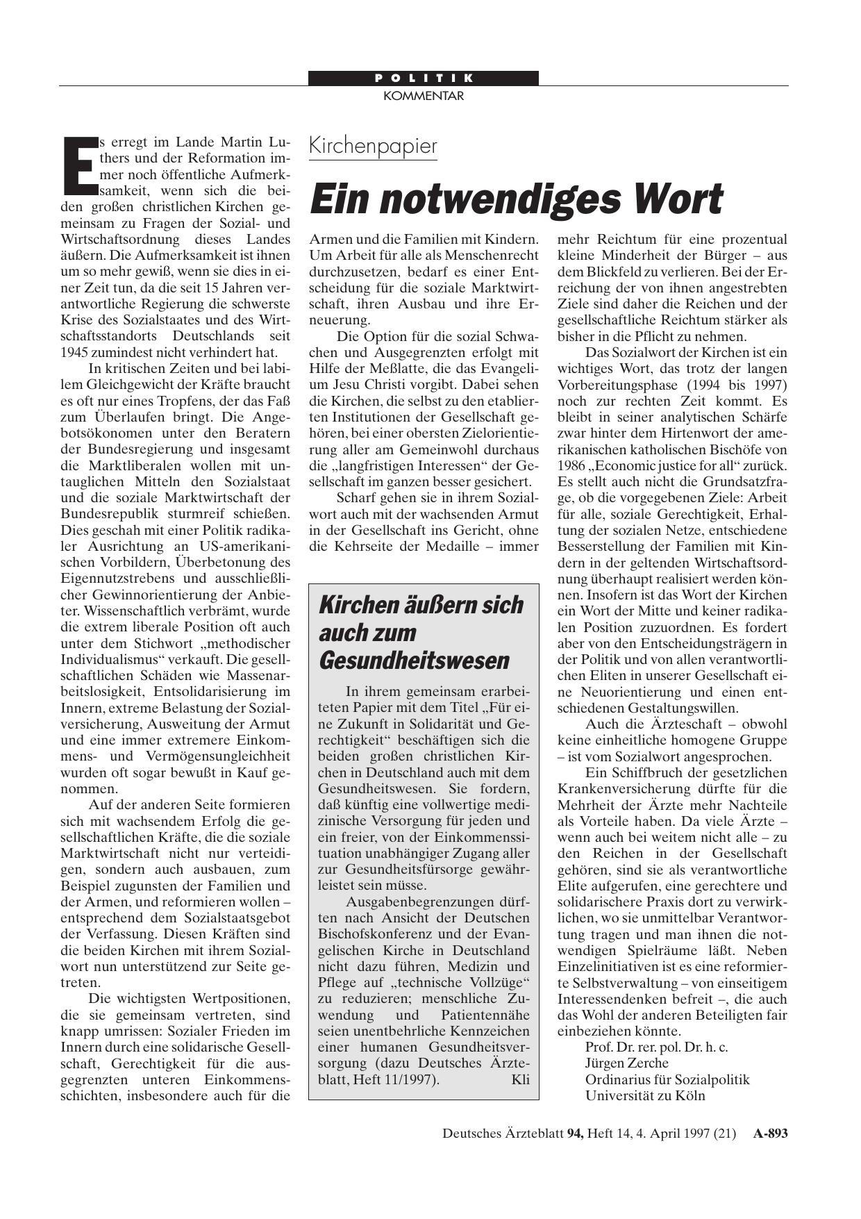 Vorschauseite 1: Kirchen äußern sich auch zum Gesundheitswesen