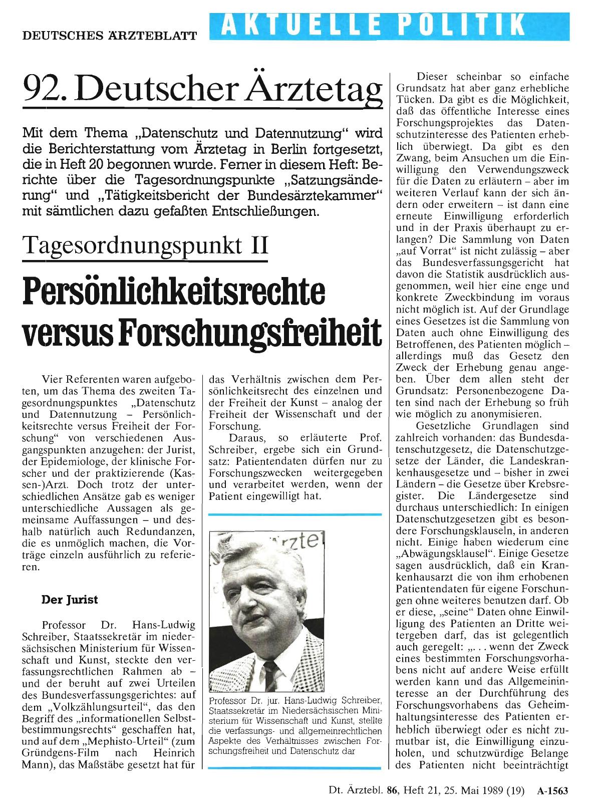 Vorschauseite 1: Tagesordnungspunkt II: Persönlichkeitsrechte versus Forschungsfreiheit