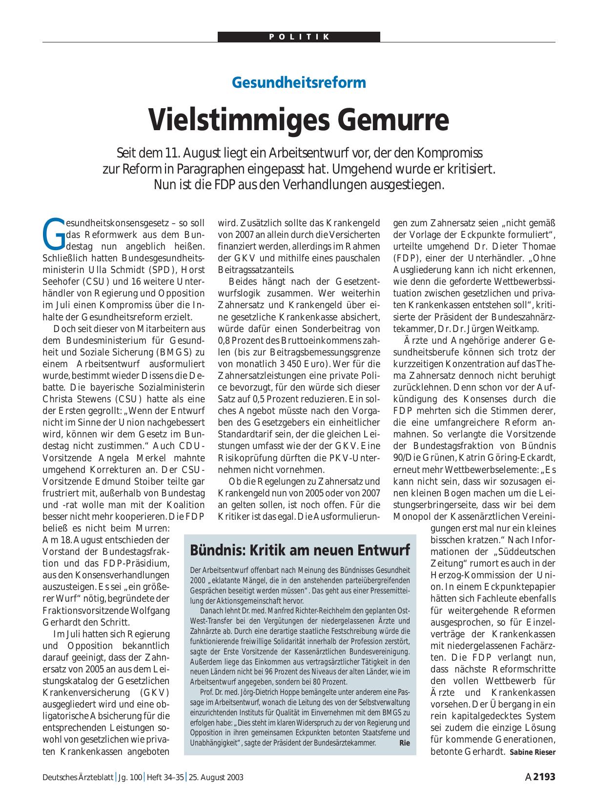 Vorschauseite 1: Gesundheitsreform: Vielstimmiges Gemurre