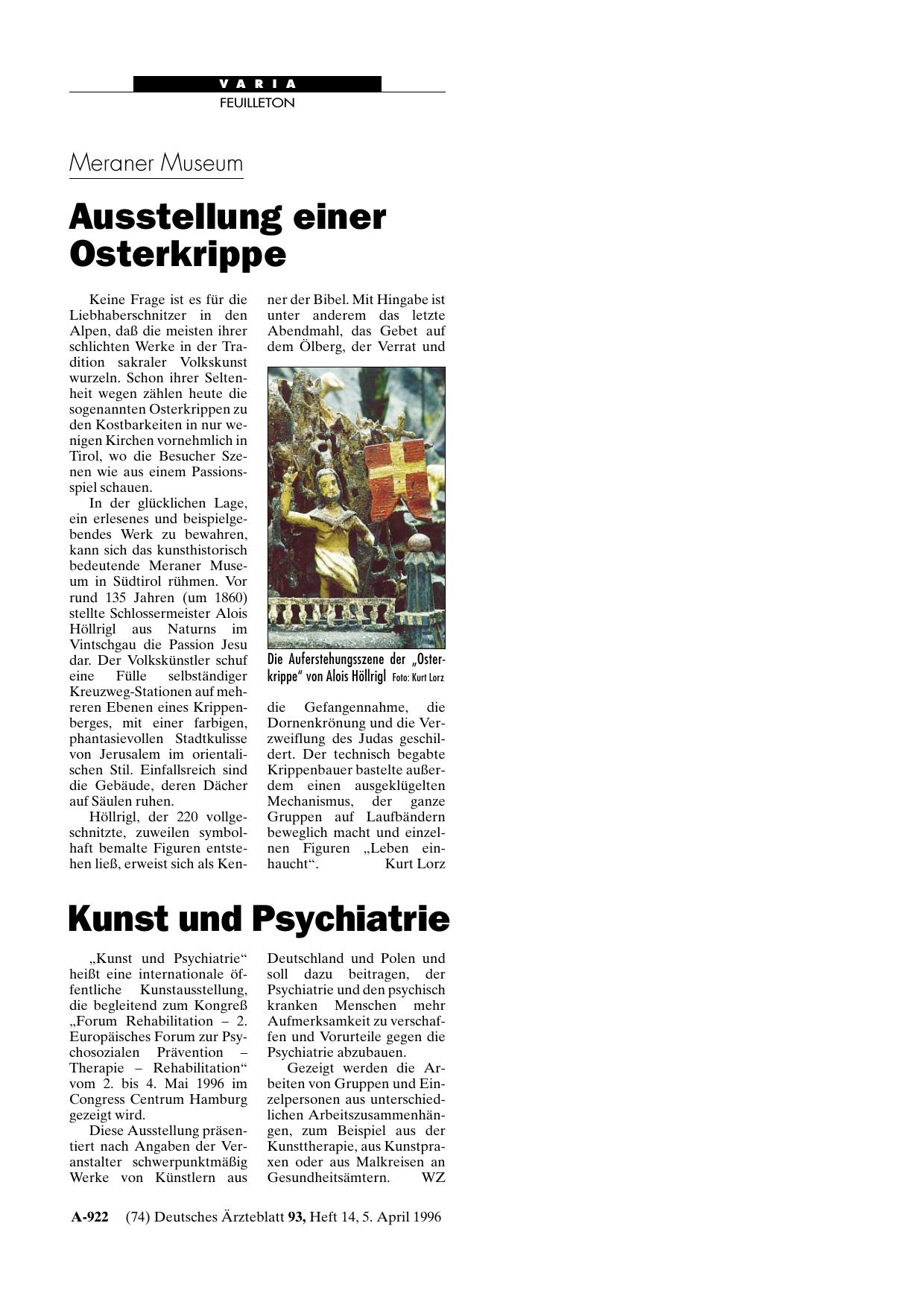 Vorschauseite 1: Meraner Museum: Ausstellung einer Osterkrippe