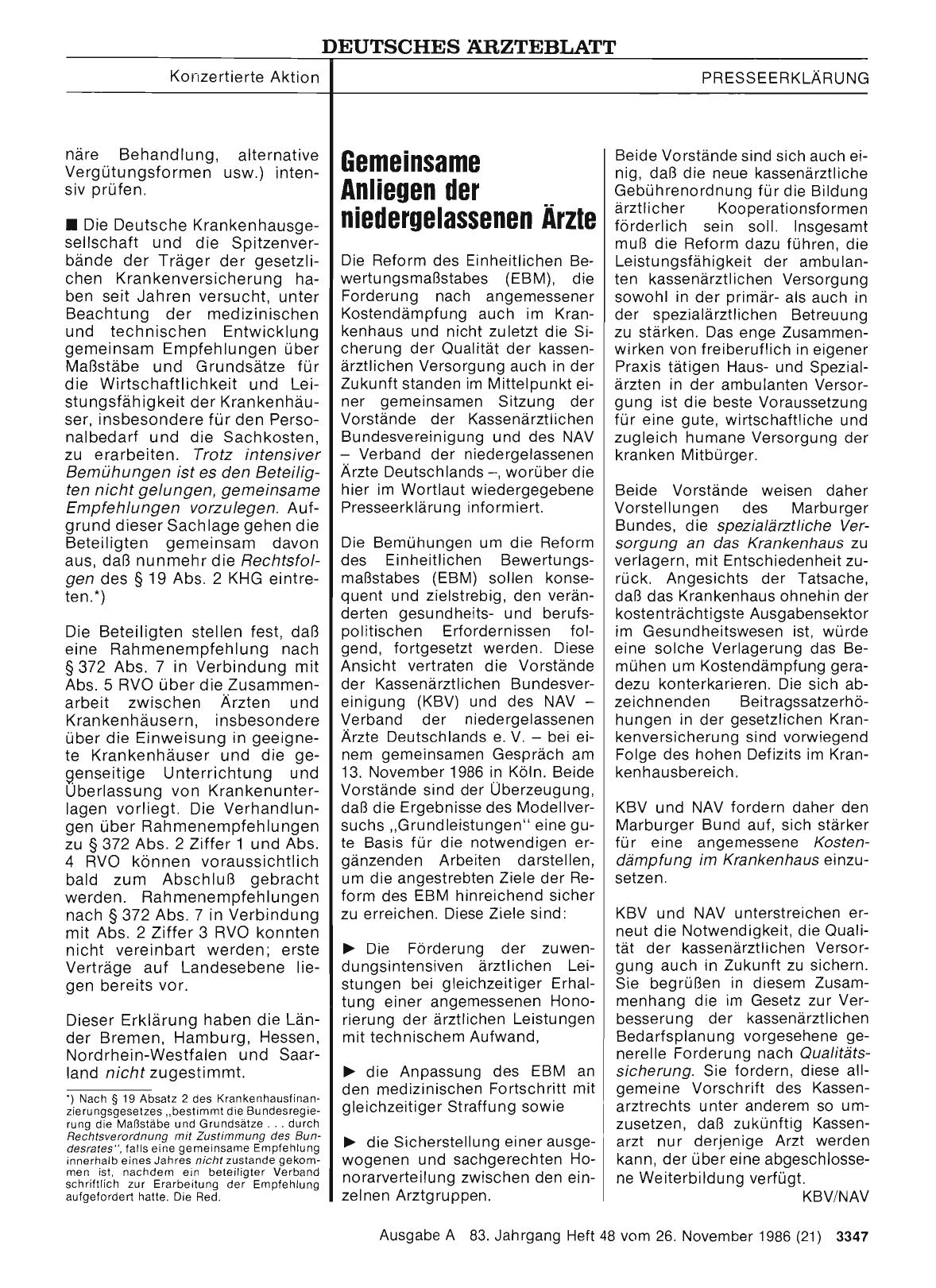Vorschauseite 1: Presseerklärung: Gemeinsame Anliegen der niedergelassenen Ärzte