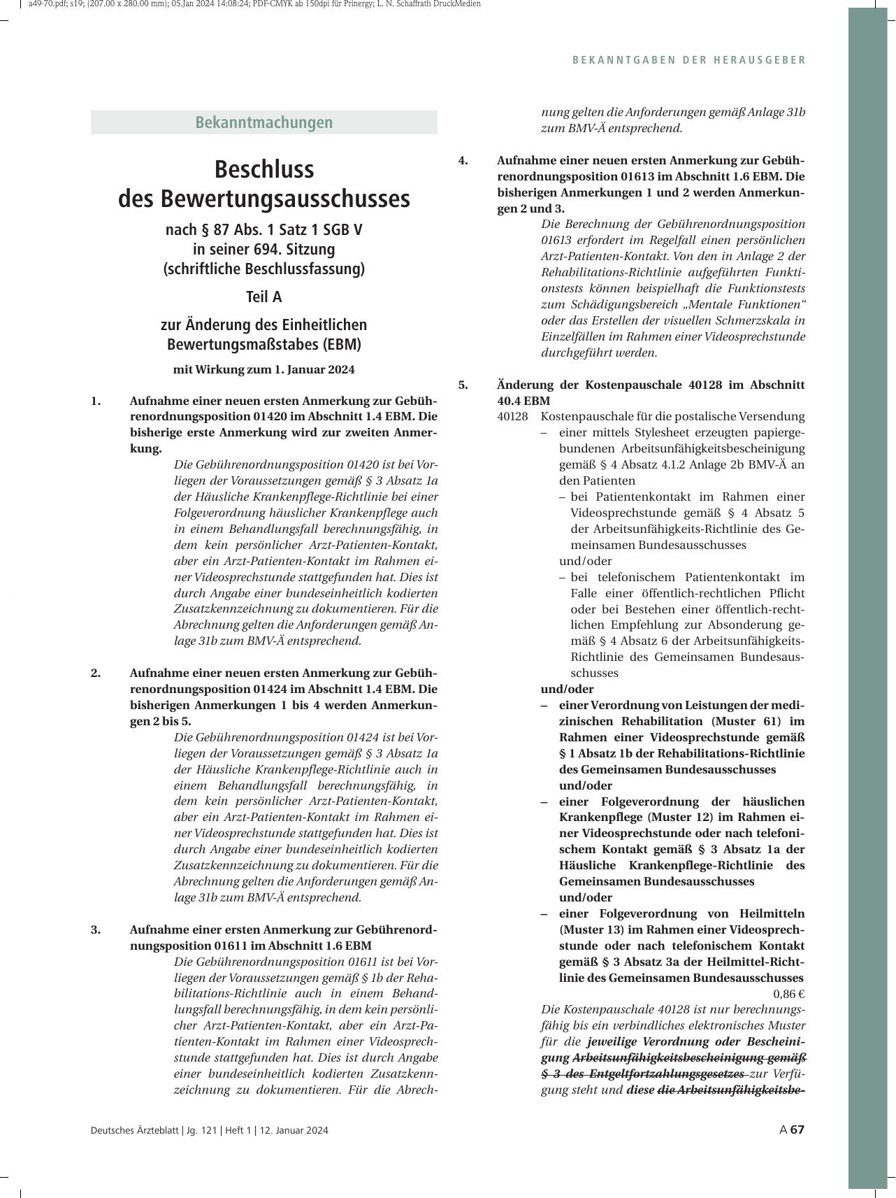 Vorschauseite 1: Beschluss des Bewertungsausschusses nach § 87 Abs. 1 Satz 1 SGB V in seiner 694. Sitzung (schriftliche Beschlussfassung)