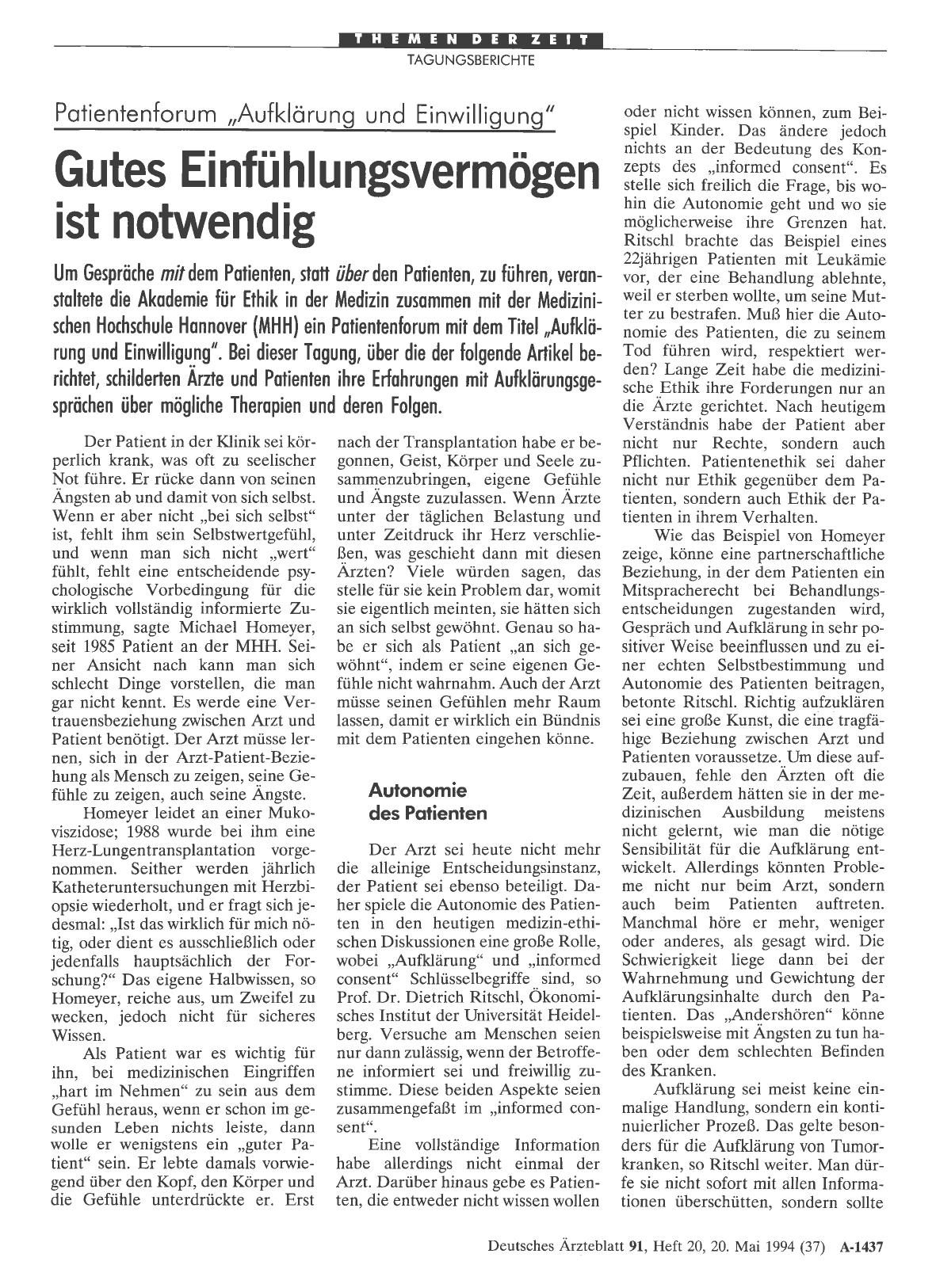 Vorschauseite 1: Patientenforum: „Aufklärung und Einwilligung“ Gutes Einfühlungsvermögen ist notwendig