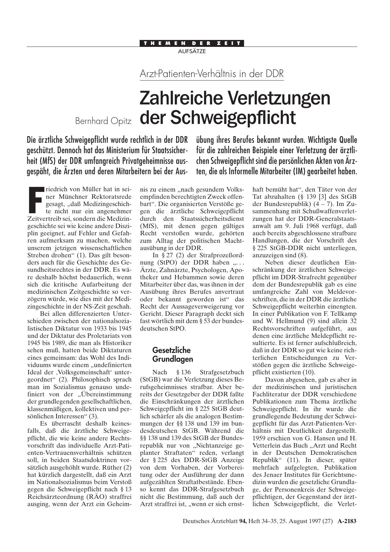 Vorschauseite 1: Arzt-Patienten-Verhältnis in der DDR: Zahlreiche Verletzungen der Schweigepflicht