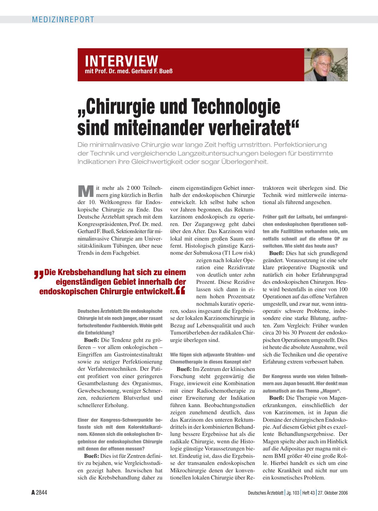 Vorschauseite 1: INTERVIEW mit Prof. Dr. med. Gerhard F. Bueß: „Chirurgie und Technologie sind miteinander verheiratet“