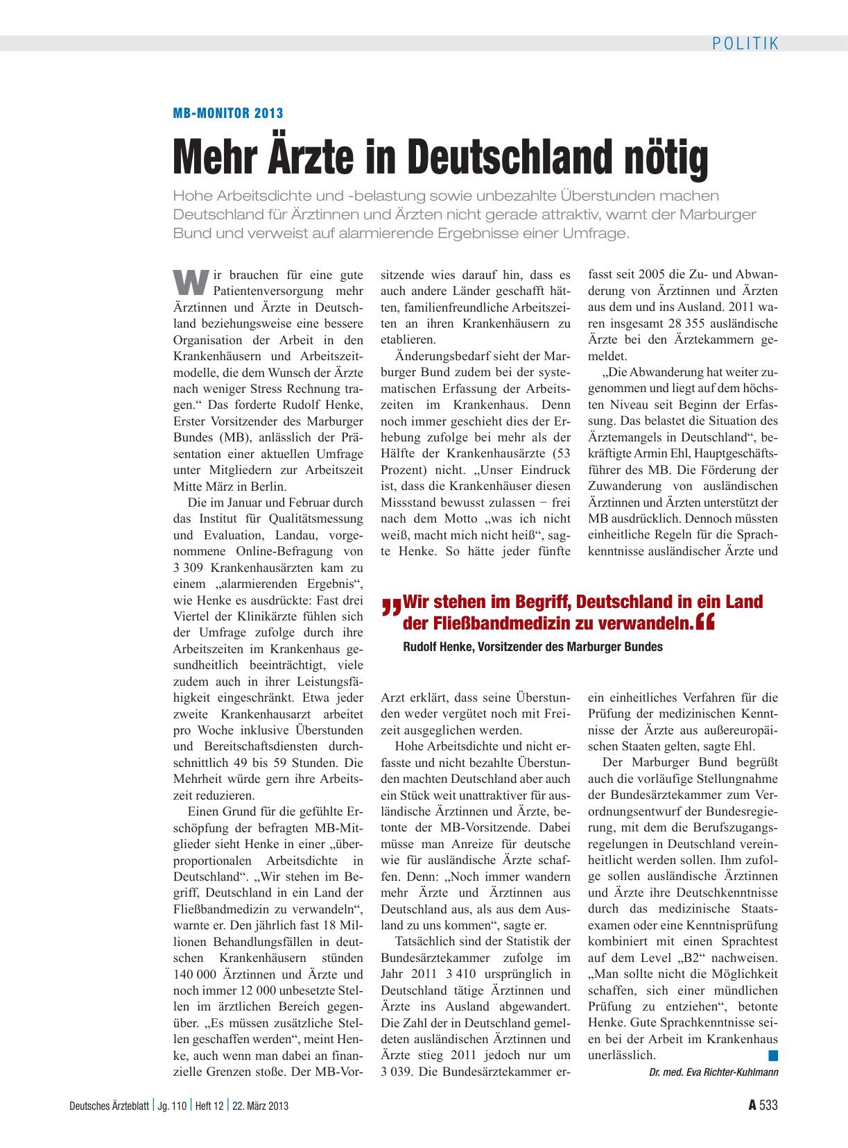 Vorschauseite 1: MB-Monitor 2013: Mehr Ärzte in Deutschland nötig