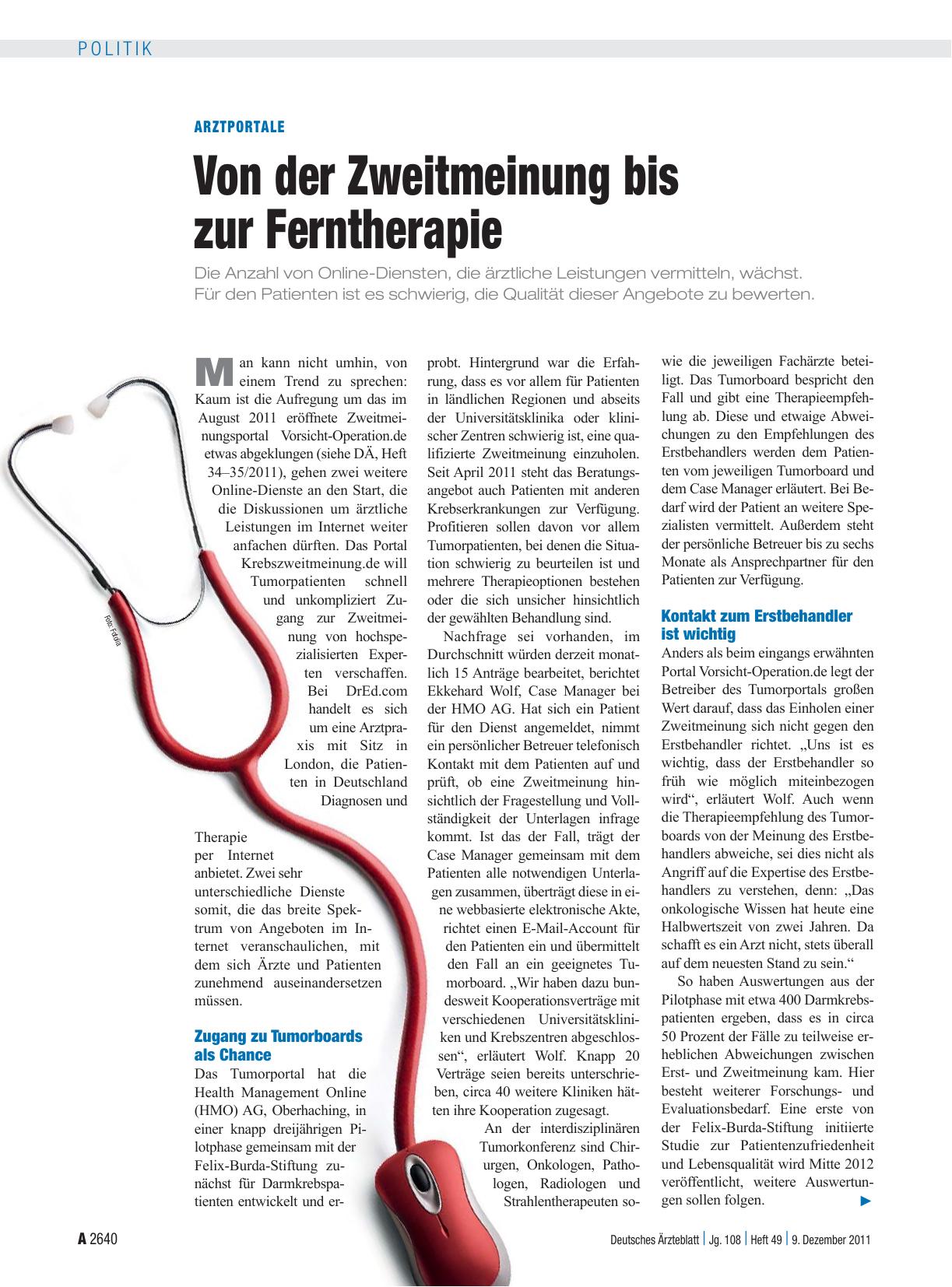 Vorschauseite 1: Arztportale: Von der Zweitmeinung bis zur Ferntherapie