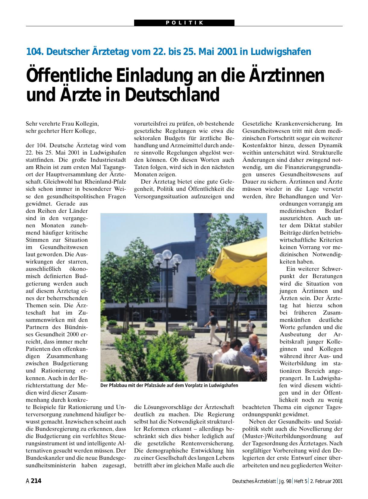 Vorschauseite 1: 104. Deutscher Ärztetag vom 22. bis 25. Mai 2001 in Ludwigshafen: Öffentliche Einladung an die Ärztinnen und Ärzte in Deutschland