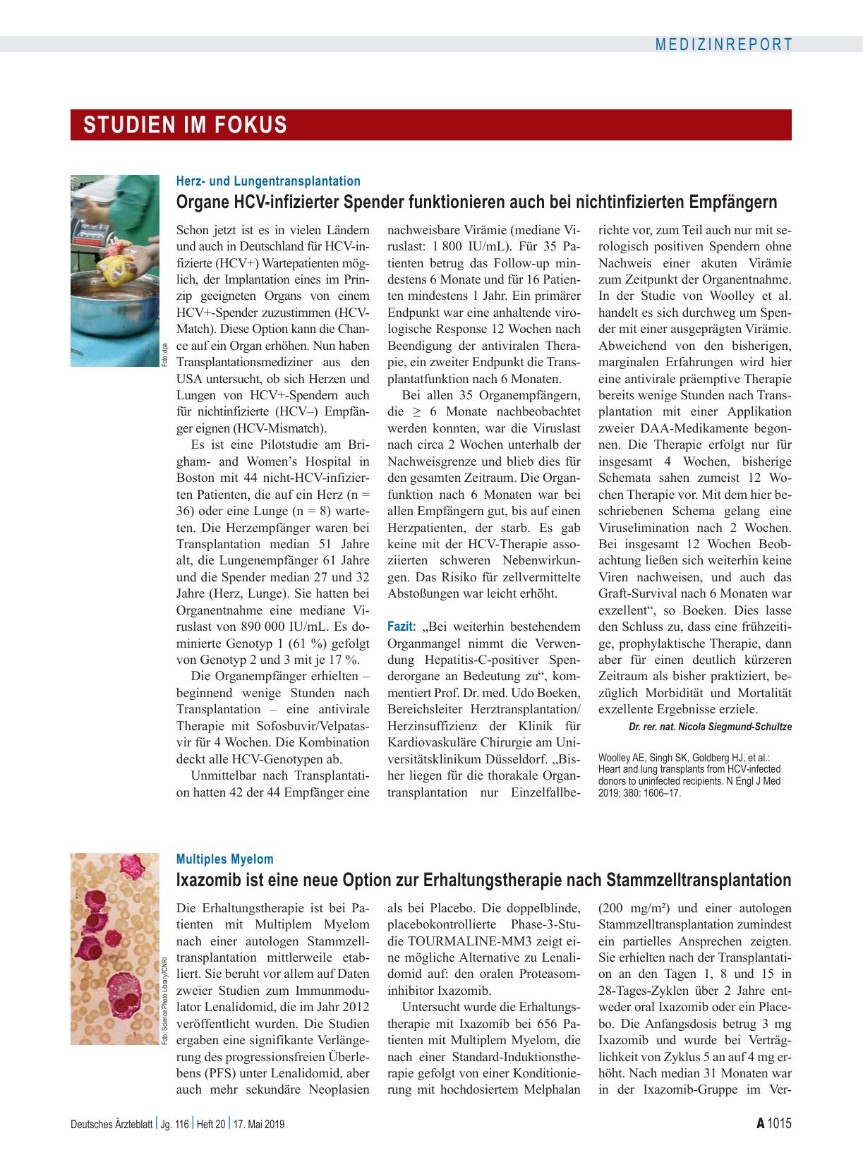 Vorschauseite 1: Herzund Lungentransplantation: Organe HCV-infizierter Spender funktionieren auch bei nichtinfizierten Empfängern