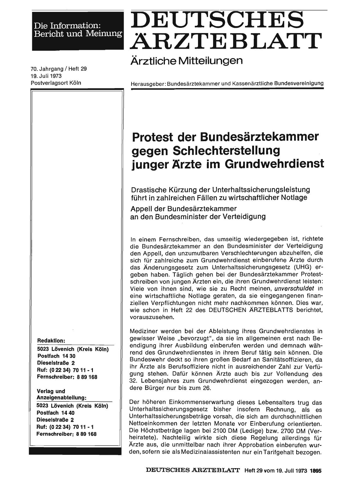 Vorschauseite 1: Protest der Bundesärztekammer gegen Schlechterstellung junger Ärzte im Grundwehrdienst