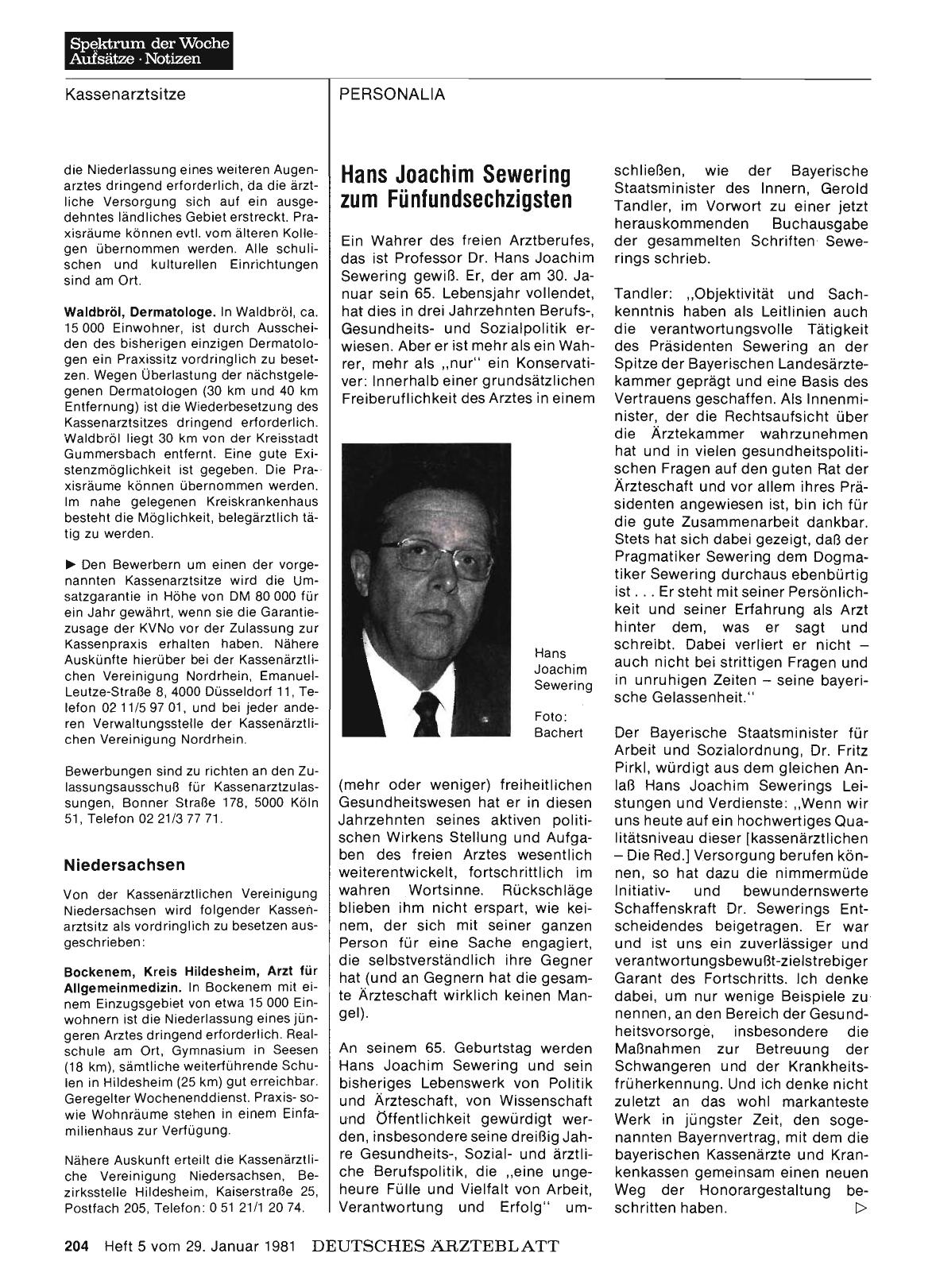 Vorschauseite 1: Hans Joachim Sewering zum Fünfundsechzigsten