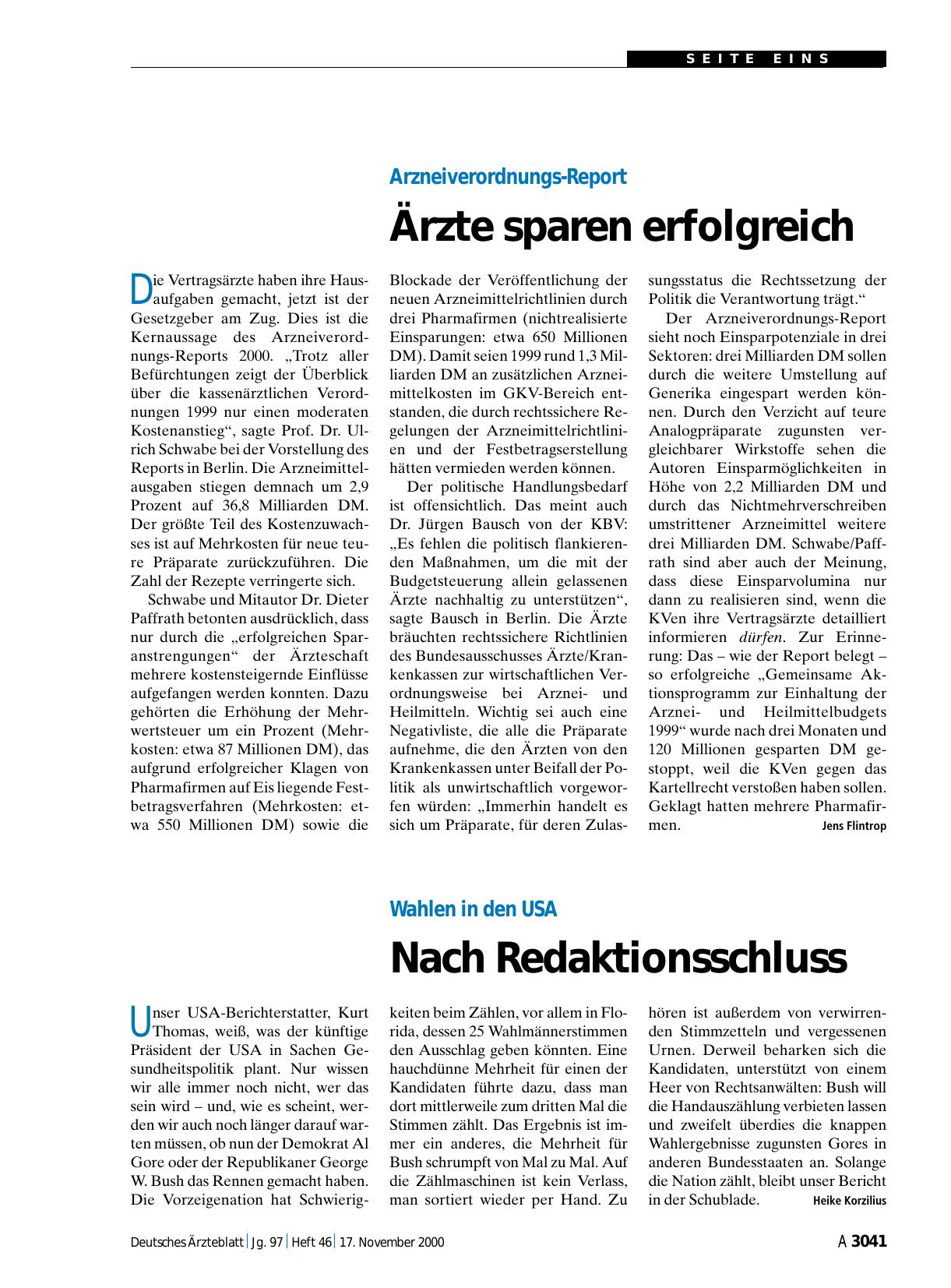 Vorschauseite 1: Wahlen in den USA: Nach Redaktionsschluss