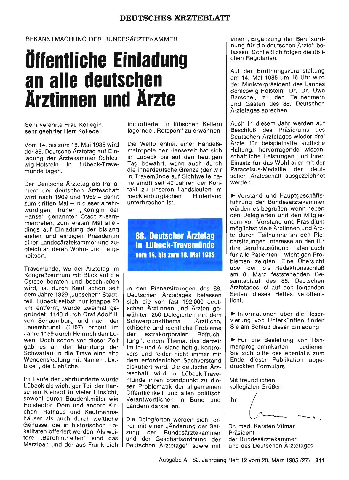 Vorschauseite 1: 88. Deutscher Ärztetag in Lübeck-Travemünde vom 14. bis zum 18. MaI 1985: Öffentliche Einladung an alle deutschen Ärztinnen und Ärzte