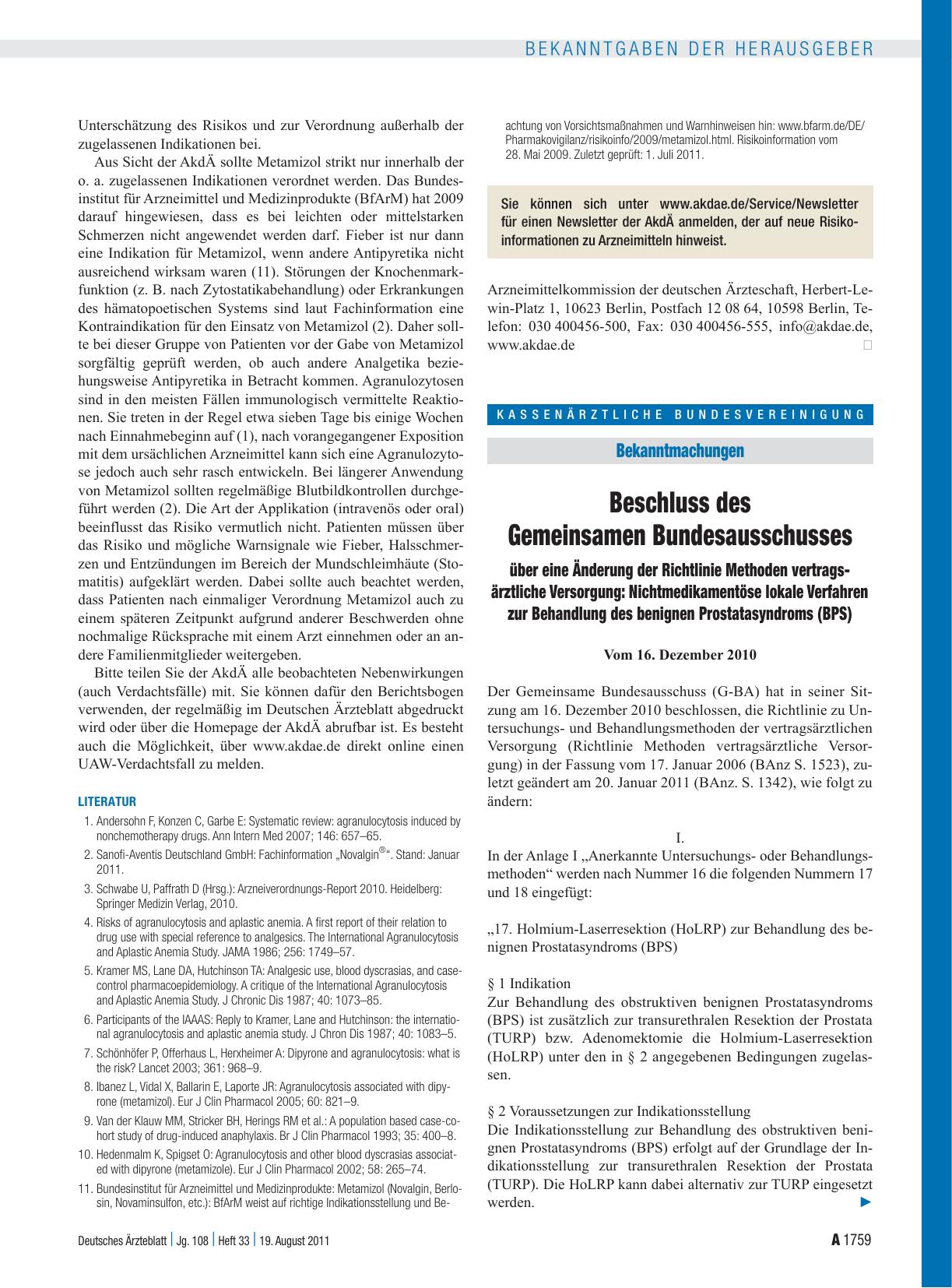Vorschauseite 1: Beschluss des Gemeinsamen Bundesausschusses über eine Änderung der Richtlinie Methoden vertragsärztliche Versorgung: Nichtmedikamentöse lokale Verfahren zur Behandlung des benigne…
