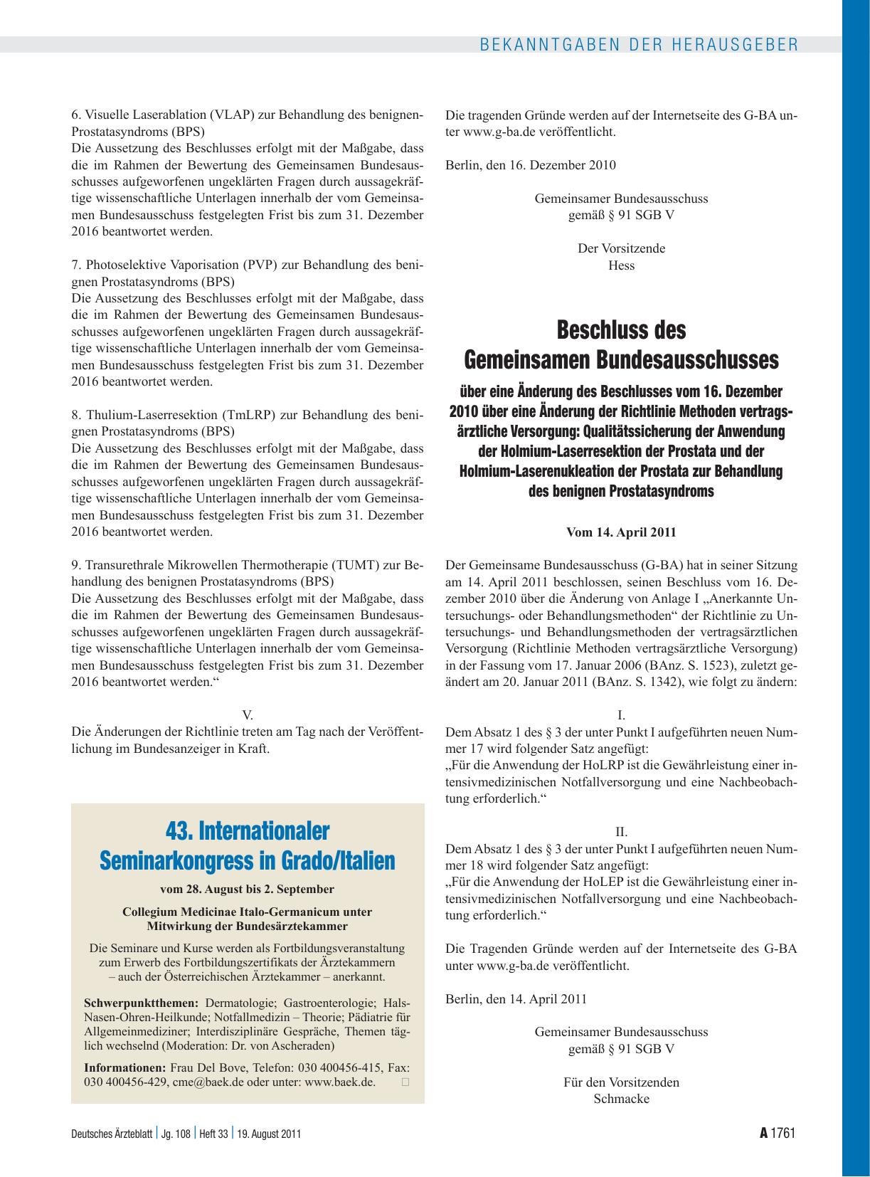 Vorschauseite 3: Beschluss des Gemeinsamen Bundesausschusses über eine Änderung der Richtlinie Methoden vertragsärztliche Versorgung: Nichtmedikamentöse lokale Verfahren zur Behandlung des benigne…