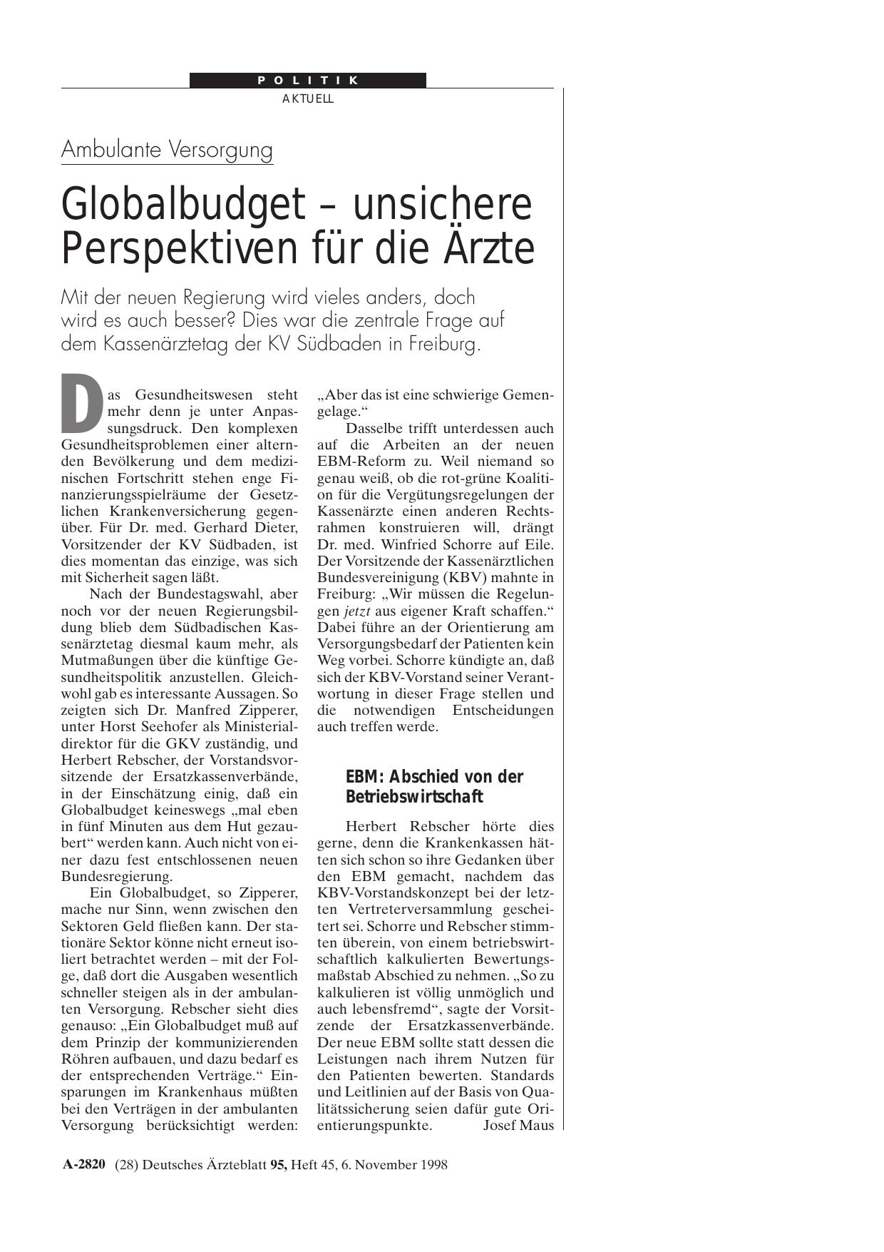 Vorschauseite 1: Ambulante Versorgung: Globalbudget - unsichere Perspektiven für die Ärzte