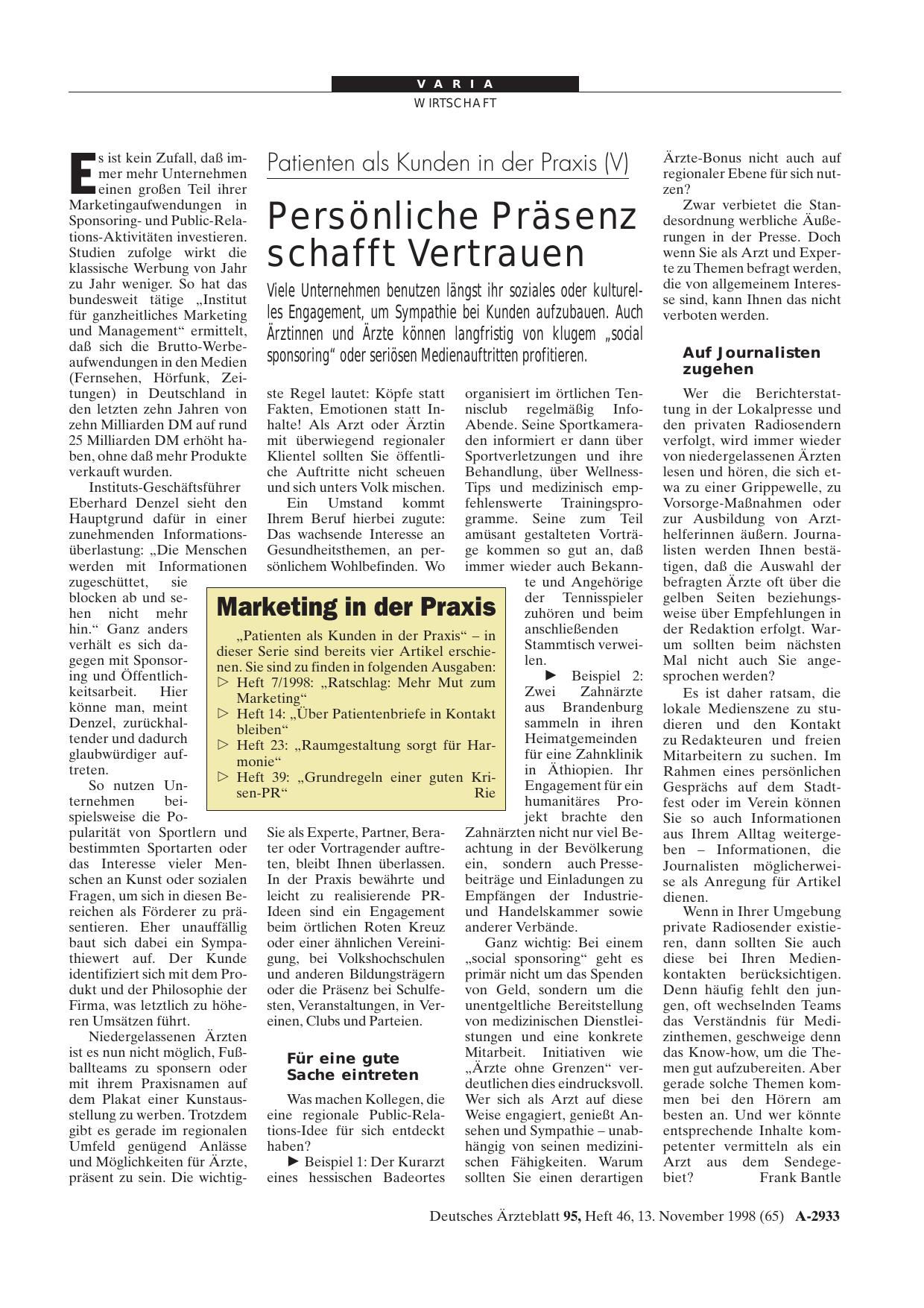 Vorschauseite 1: Patienten als Kunden in der Praxis (V): Persönliche Präsenz schafft Vertrauen