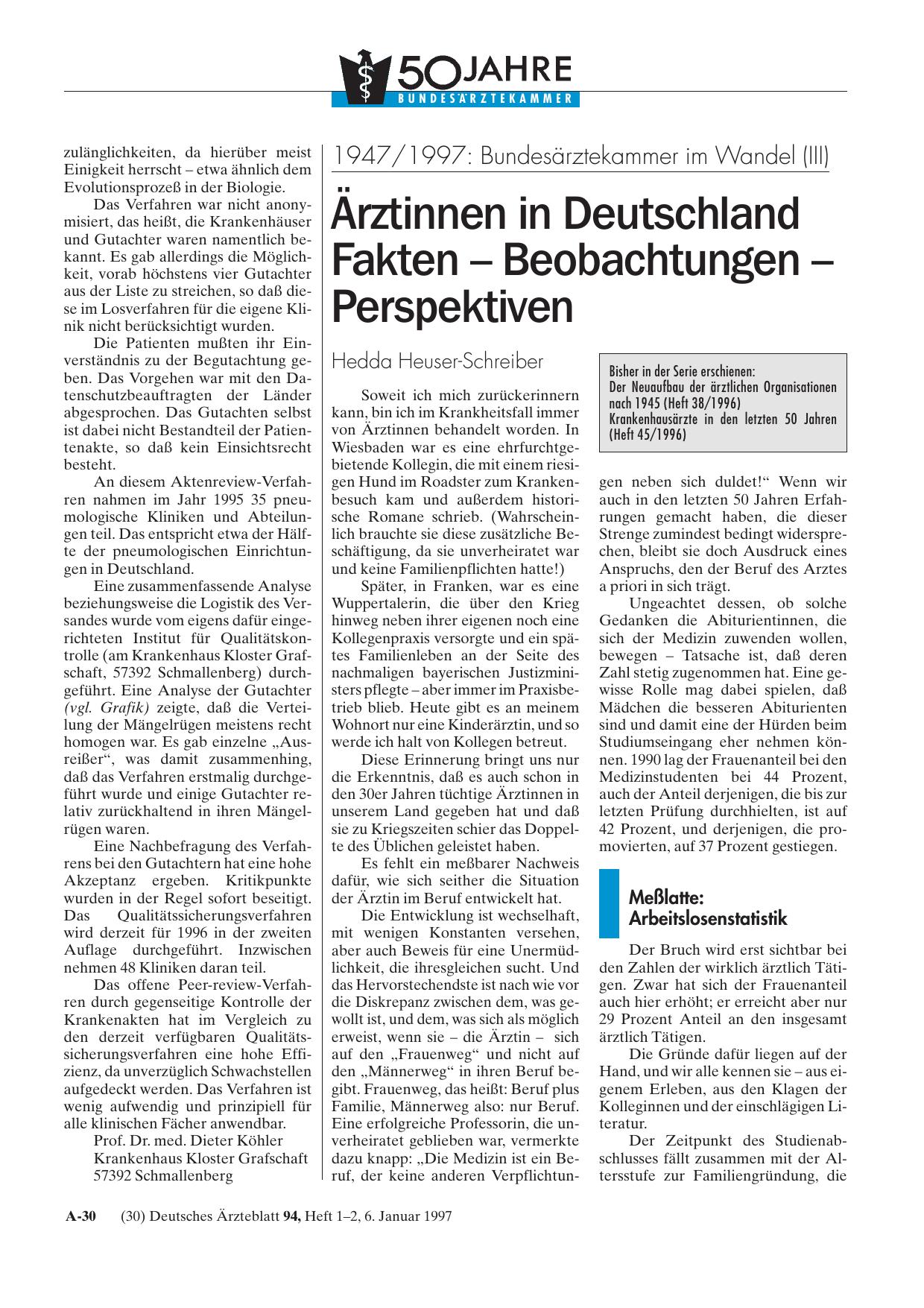 Vorschauseite 1: 1947/1997 – Bundesärztekammer im Wandel (III): Ärztinnen in Deutschland Fakten - Beobachtungen - Perspektiven