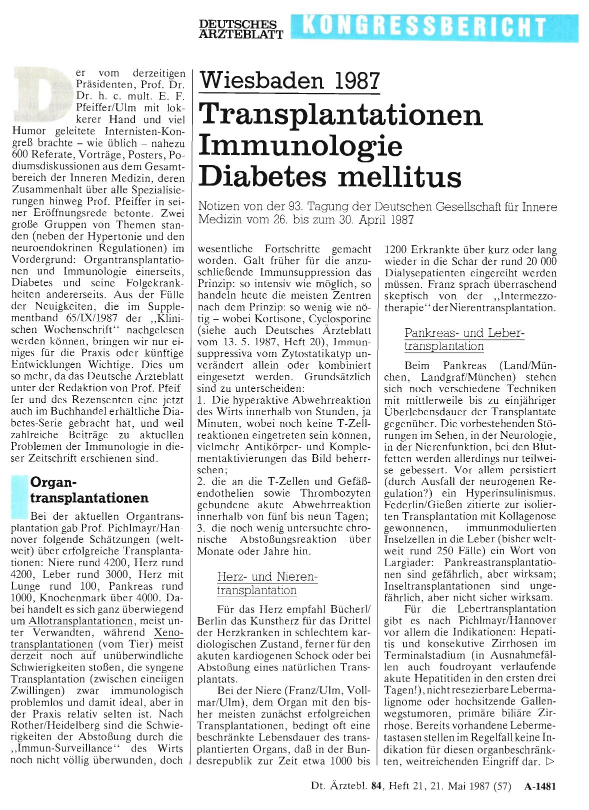 Vorschauseite 1: Wiesbaden 1987: Transplantationen Immunologie Diabetes mellitus