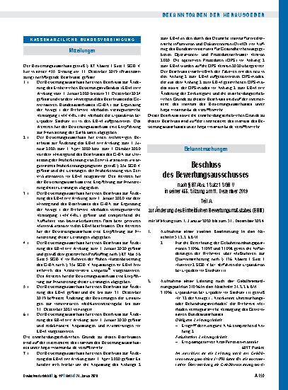 Vorschauseite 1: Beschluss des Bewertungsausschusses nach § 87 Abs. 1 Satz 1 SGB V in seiner 455. Sitzung am 11. Dezember 2019: Teil A, Teil B, Teil C, Teil D, Teil E, Teil F