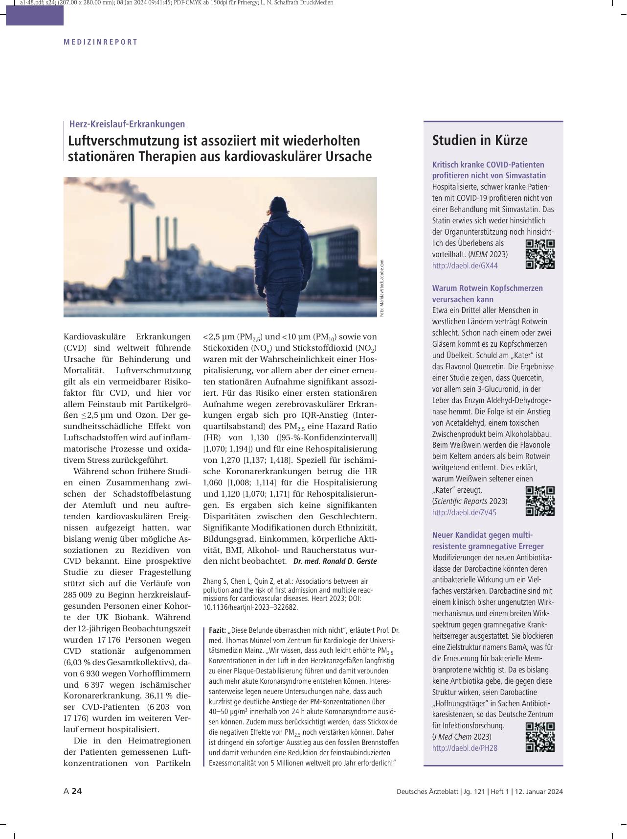 Vorschauseite 1: Herz-Kreislauf-Erkrankungen: Luftverschmutzung ist assoziiert mit wiederholten stationären Therapien aus kardiovaskulärer Ursache.