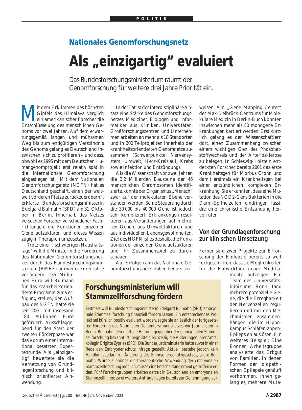 Vorschauseite 1: Nationales Genomforschungsnetz: Als „einzigartig“ evaluiert