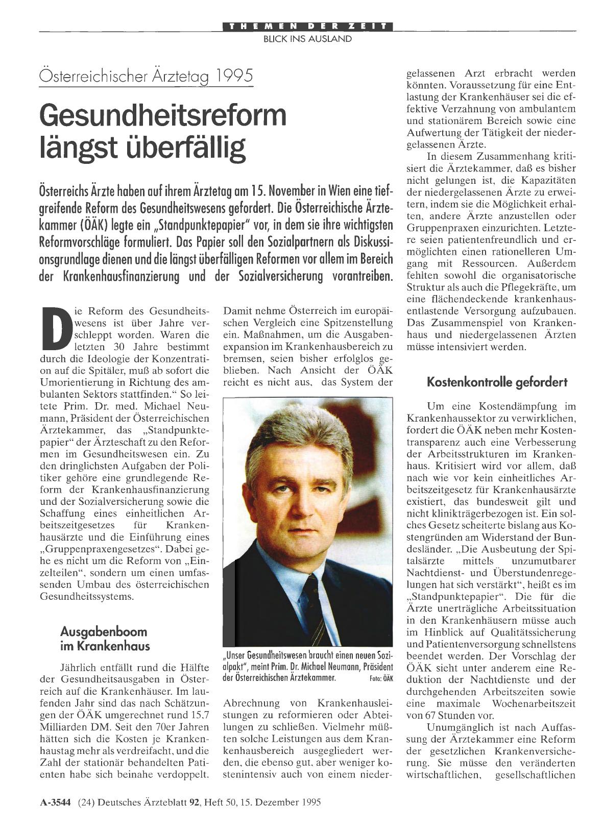 Vorschauseite 1: Österreichischer Ärztetag 1995: Gesundheitsreform längst überfällig