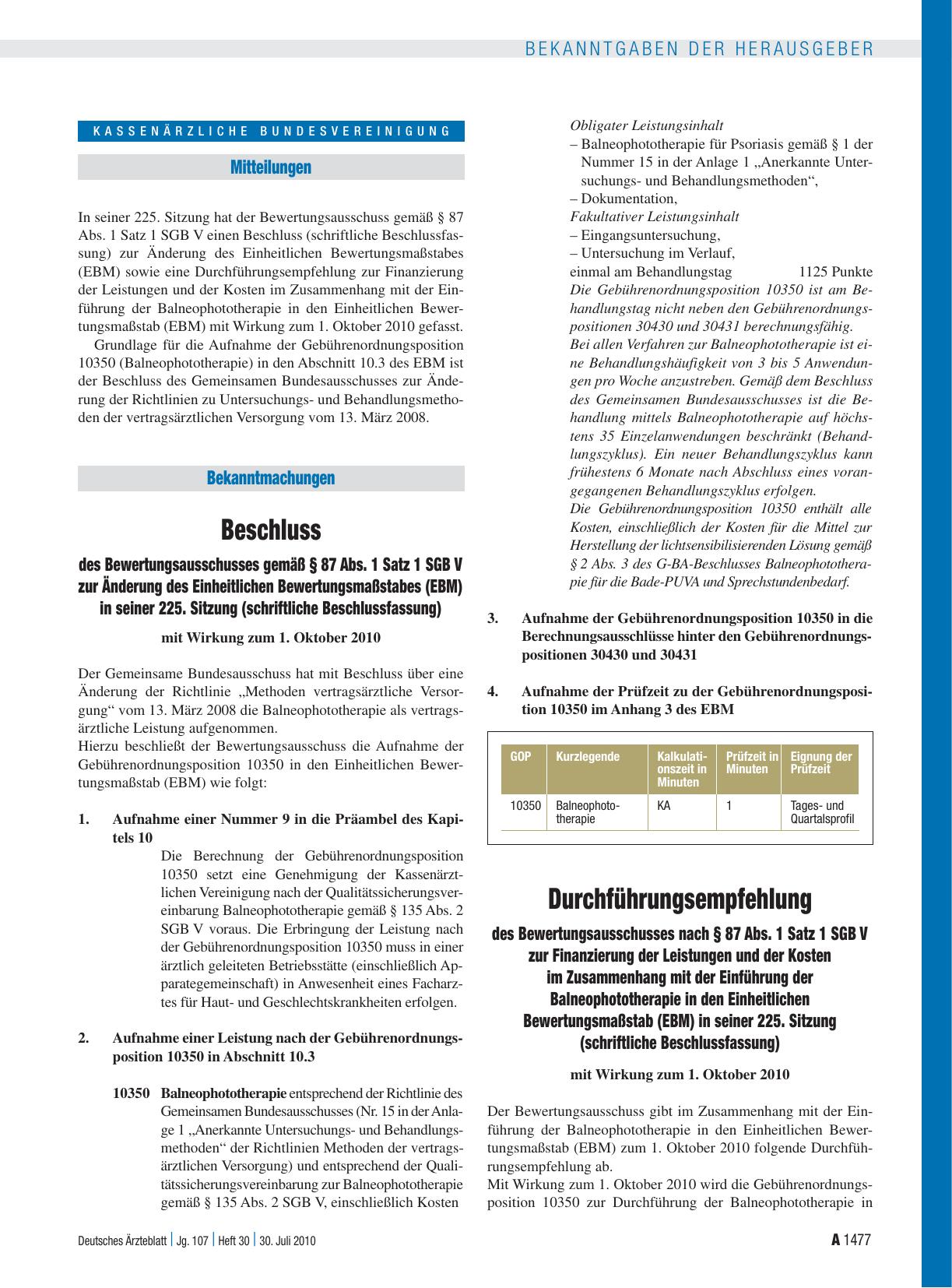 Vorschauseite 1: Beschluss des Bewertungsausschusses gemäß § 87 Abs. 1 Satz 1 SGB V zur Änderung des Einheitlichen Bewertungsmaßstabes (EBM) in seiner 225. Sitzung (schriftliche Beschlussfassung)
