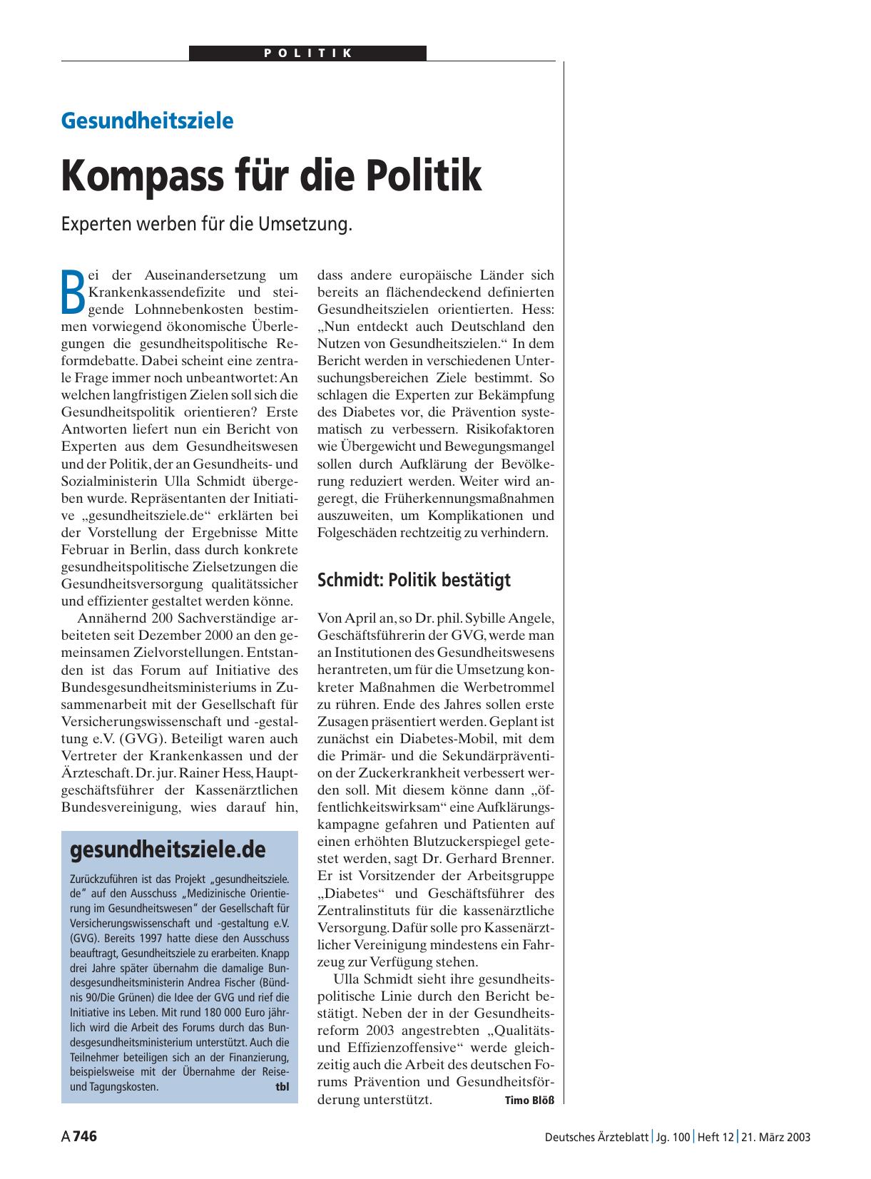 Vorschauseite 1: Gesundheitsziele: Kompass für die Politik