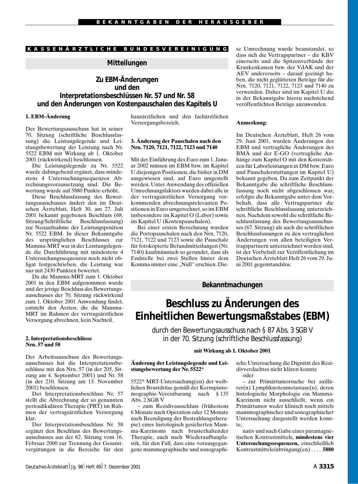 Vorschauseite 1: Bekanntmachungen: Beschluss zu Änderungen des Einheitlichen Bewertungsmaßstabes (EBM)
