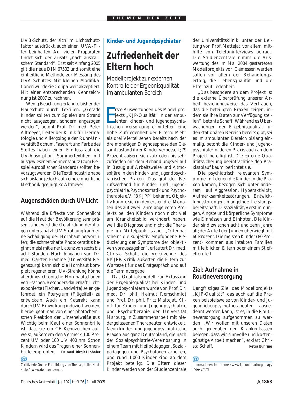 Vorschauseite 1: Kinderund Jugendpsychiater: Zufriedenheit der Eltern hoch