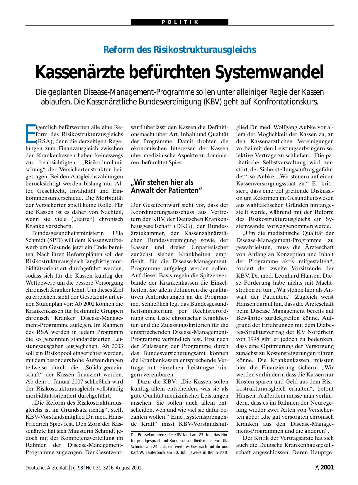 Vorschauseite 1: Reform des Risikostrukturausgleichs: Kassenärzte befürchten Systemwandel