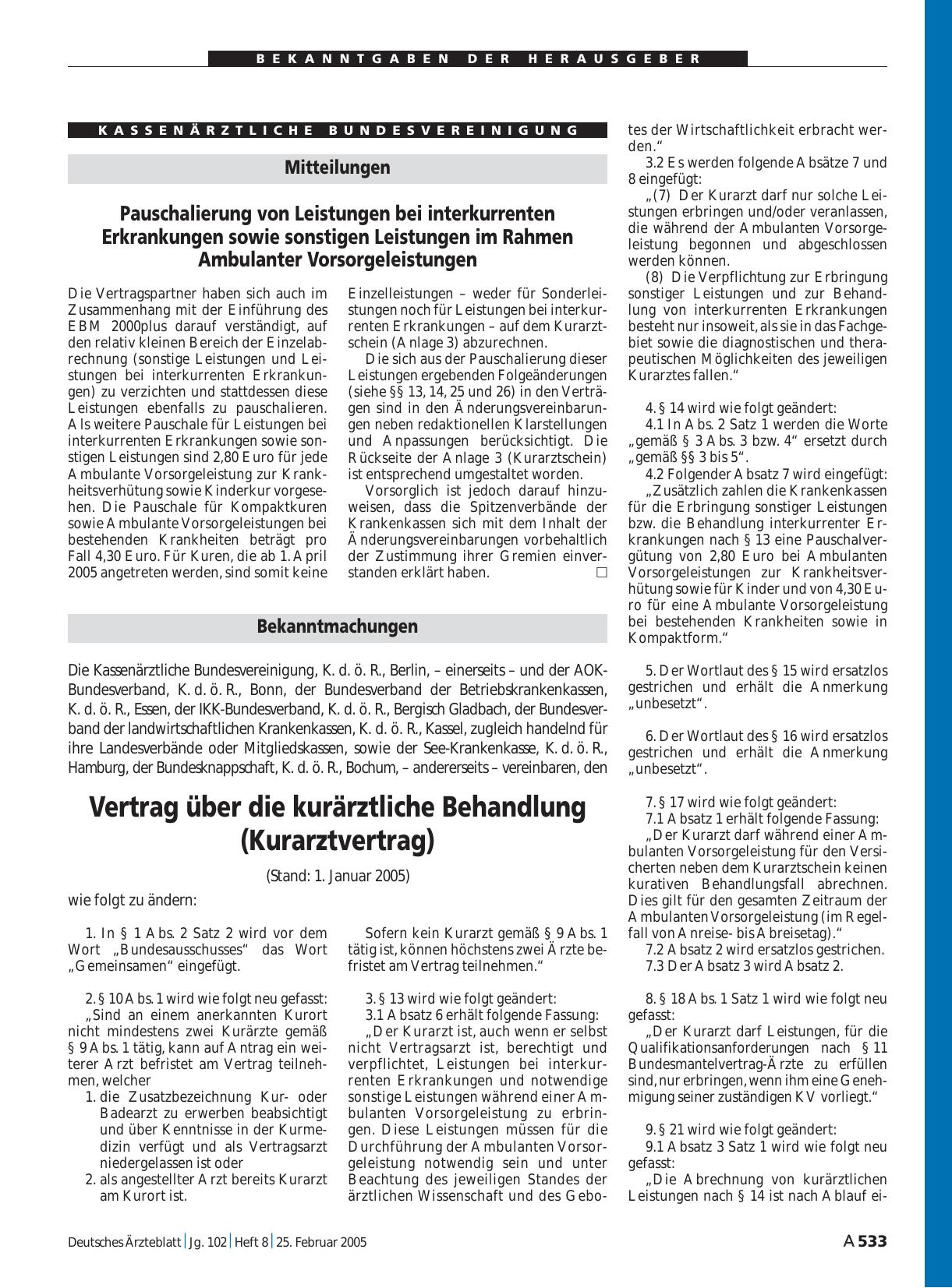 Vorschauseite 1: Bekanntmachungen – Vertrag über die kurärztliche Behandlung (Kurarztvertrag) (Stand: 1. Januar 2005)