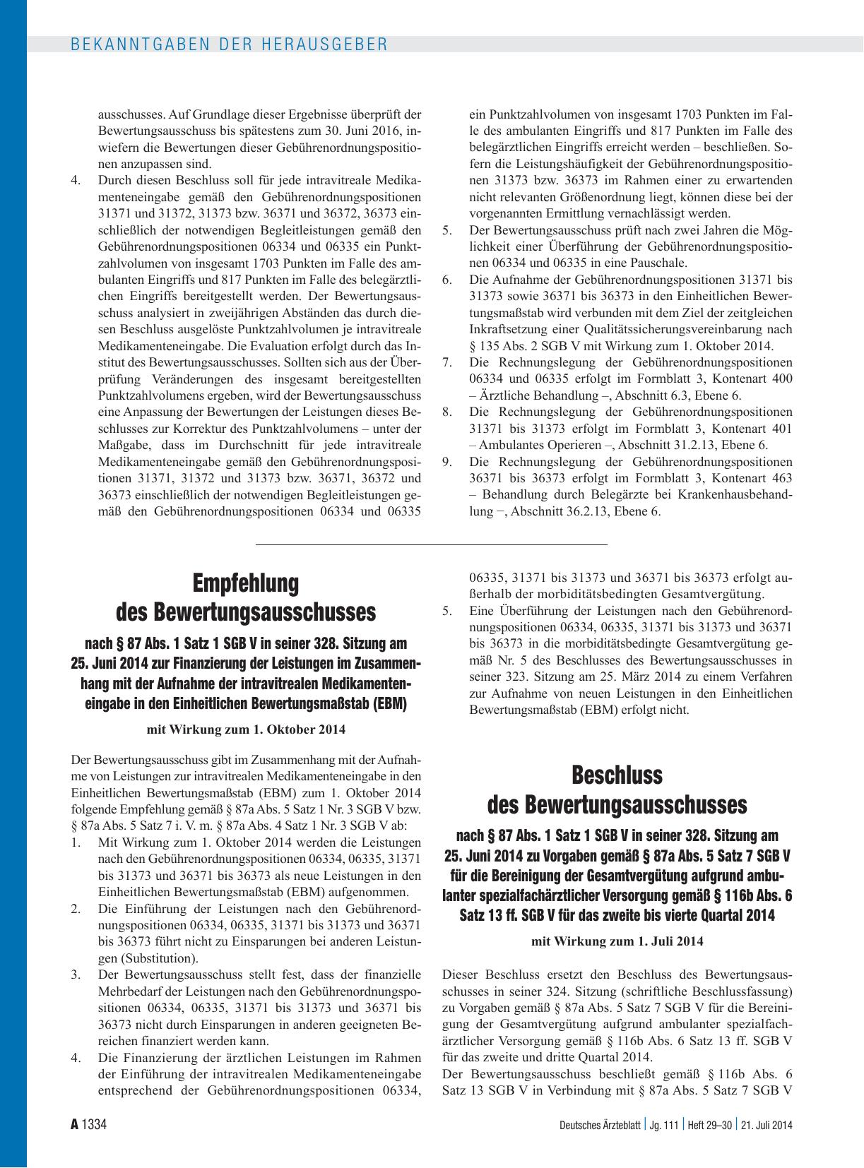 Vorschauseite 1: Beschluss des Bewertungsausschusses nach § 87 Abs. 1 Satz 1 SGB V in seiner 328. Sitzung am 25. Juni 2014 zu Vorgaben gemäß § 87a Abs. 5 Satz 7 SGB V für die Bereinigung der Gesam…