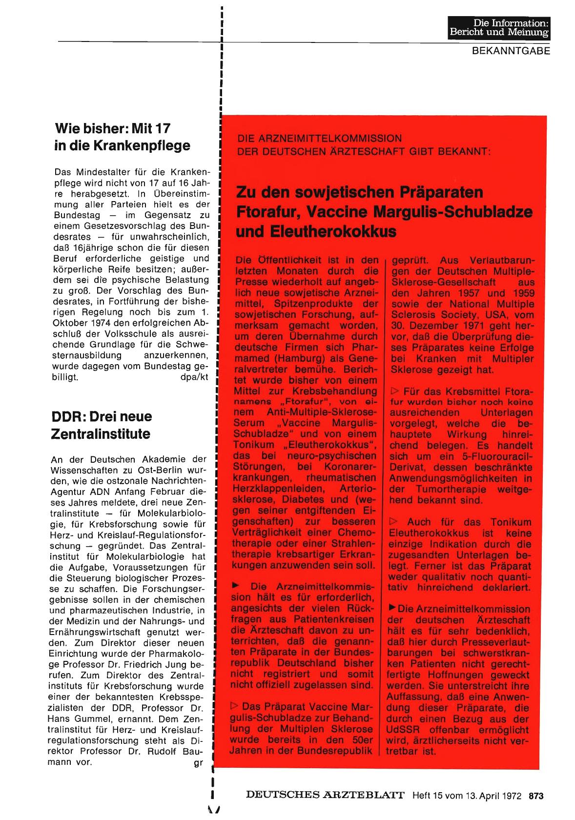 Vorschauseite 1: DIE ARZNEIMITTELKOMMISSION DER DEUTSCHEN ÄRZTESCHAFT GIBT BEKANNT: Zu den sowjetischen Präparaten Ftorafur, Vaccine Margulis-Schubladze und Eleutherokokkus