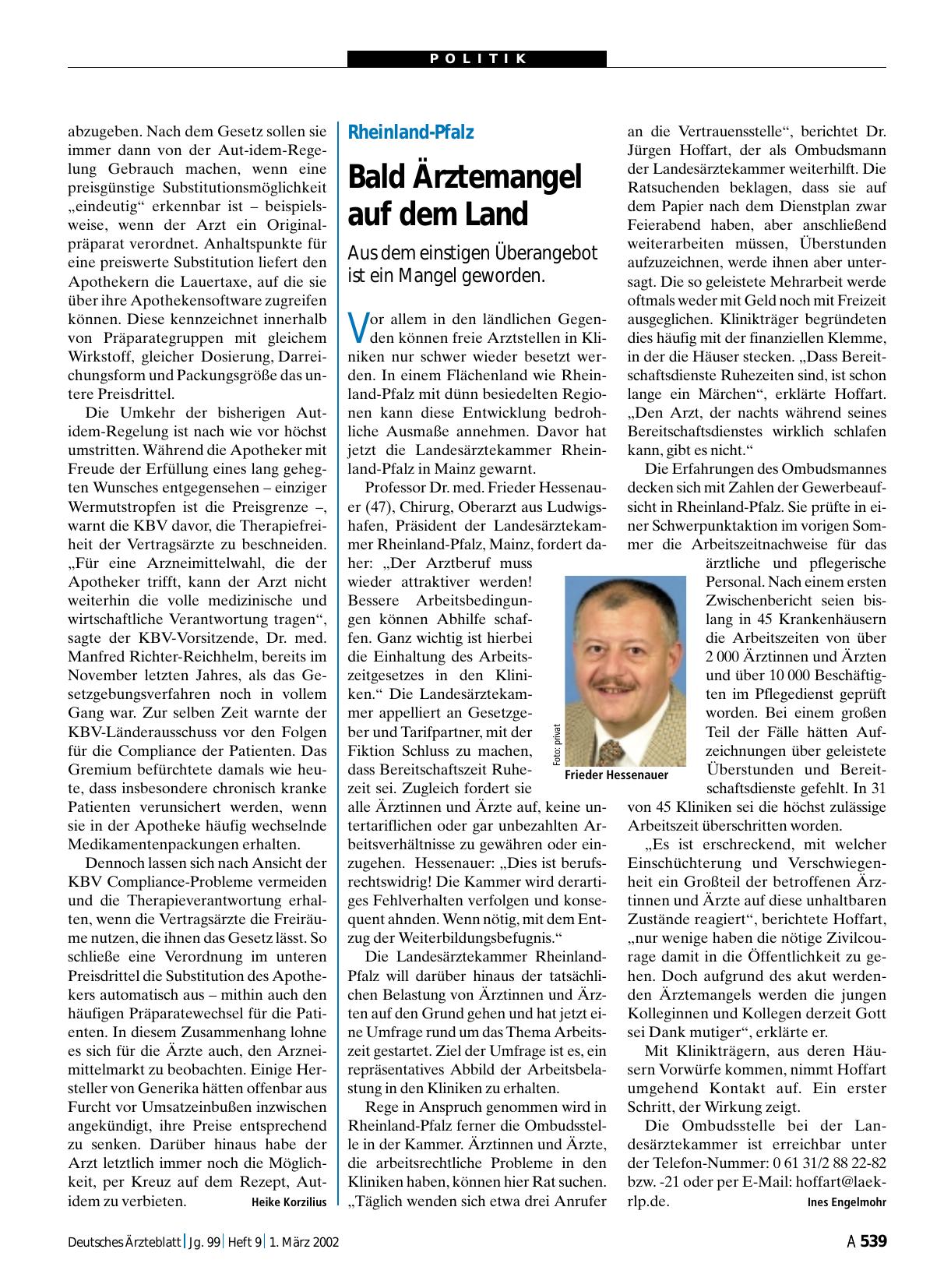 Vorschauseite 1: Rheinland-Pfalz: Bald Ärztemangel auf dem Land