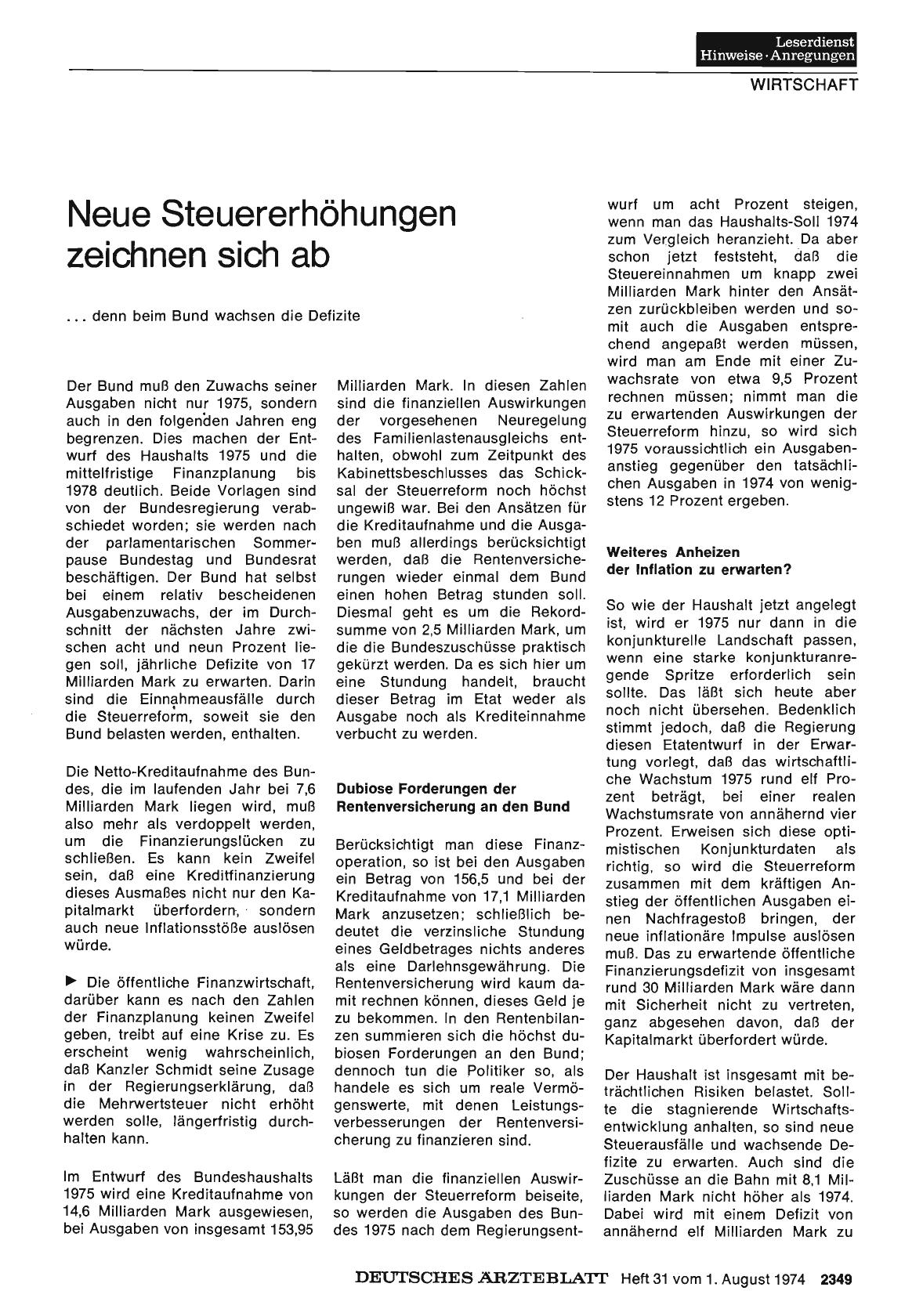 Vorschauseite 1: Neue Steuererhöhungen zeichnen sich ab. .. denn beim Bund wachsen die Defizite