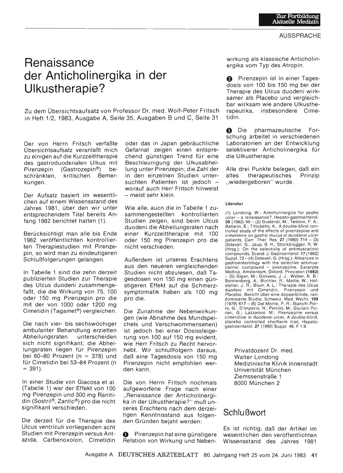 Vorschauseite 1: Renaissance der Anticholinergika in der Ulkustherapie? : Renaissance der Anticholinergika in der Ulkustherapie?