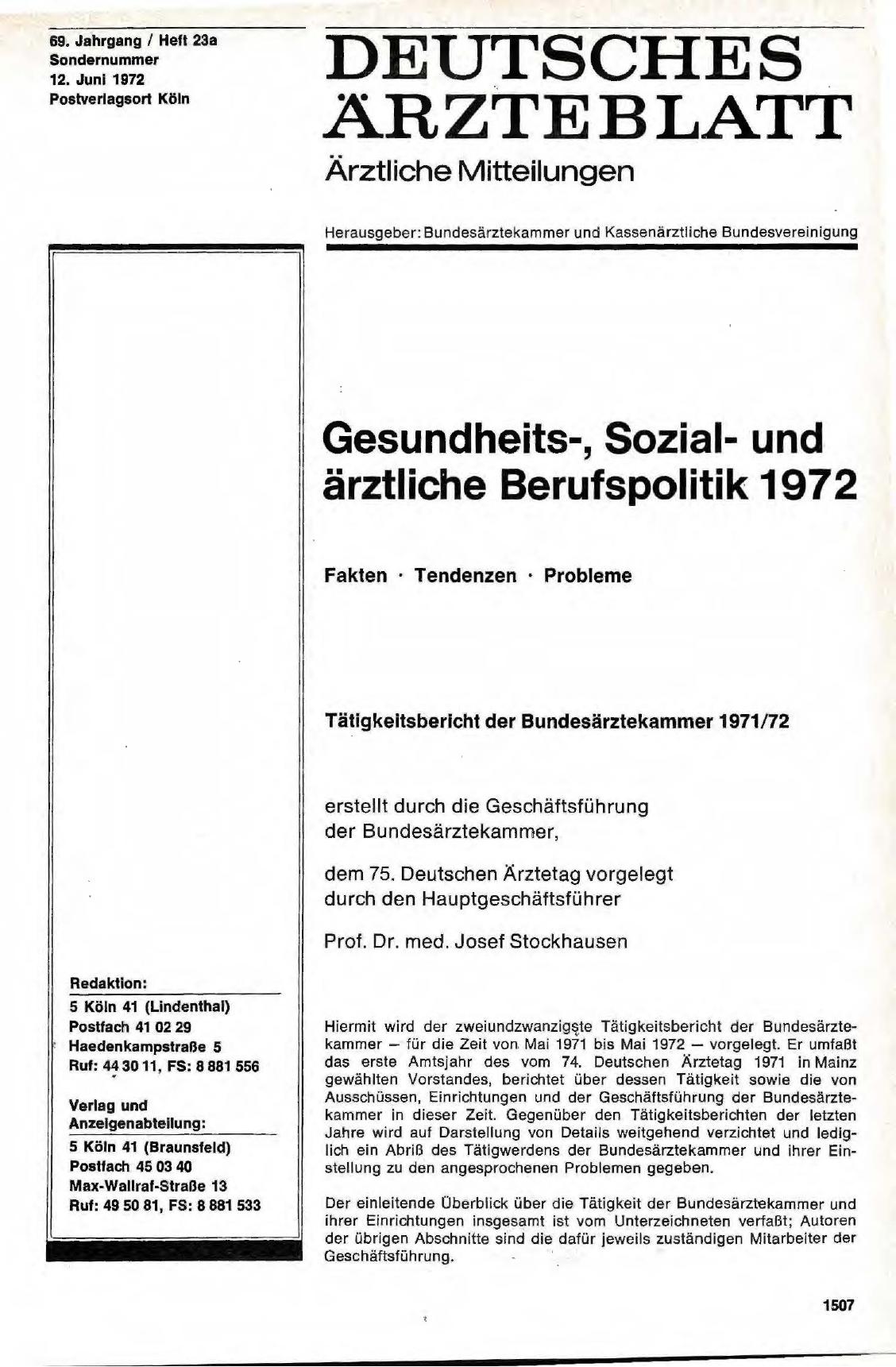 Vorschauseite 1: Gesundheits-, Sozialund ärztliche Berufspolitik 1972: Fakten · Tendenzen · Probleme: Tätigkeitsbericht der Bundesärztekammer 1971/72