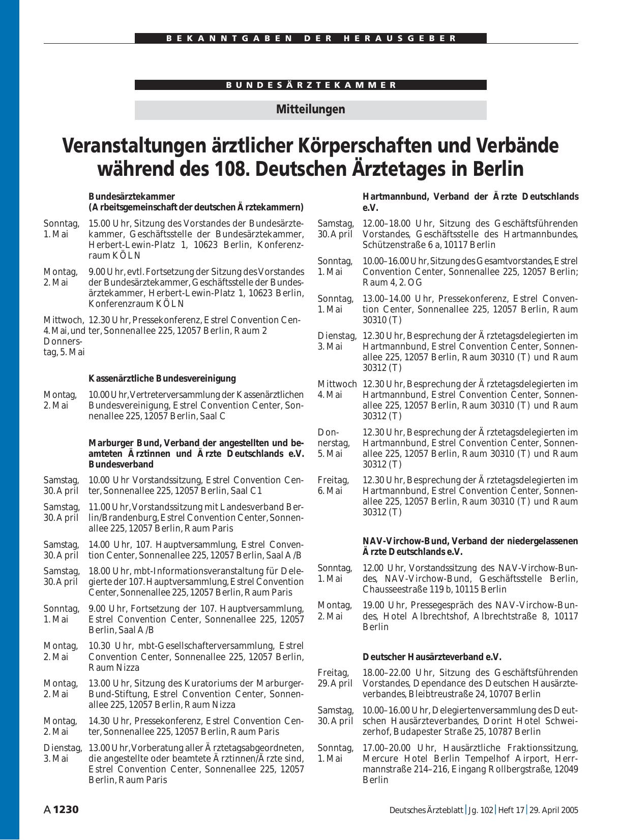Vorschauseite 1: Mitteilungen: Veranstaltungen ärztlicher Körperschaften und Verbände während des 108. Deutschen Ärztetages in Berlin