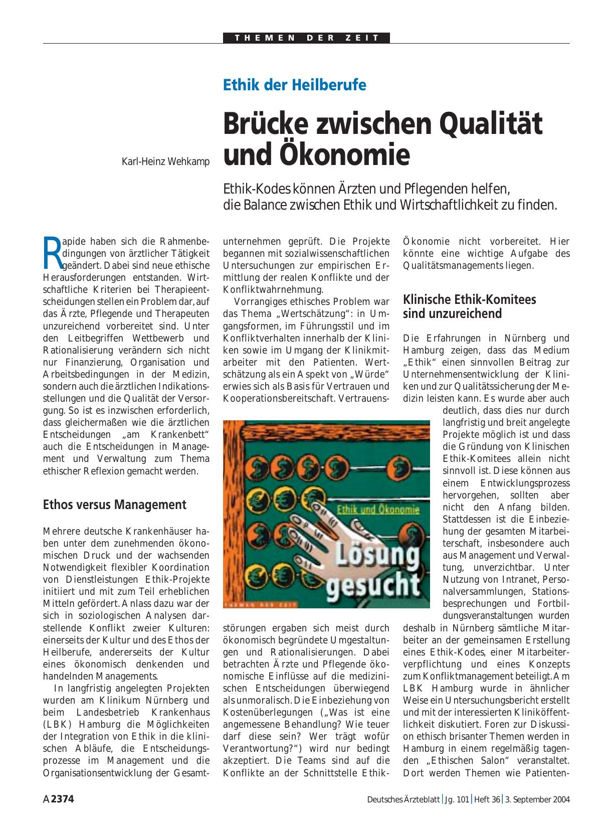 Vorschauseite 1: Ethik der Heilberufe: Brücke zwischen Qualität und Ökonomie