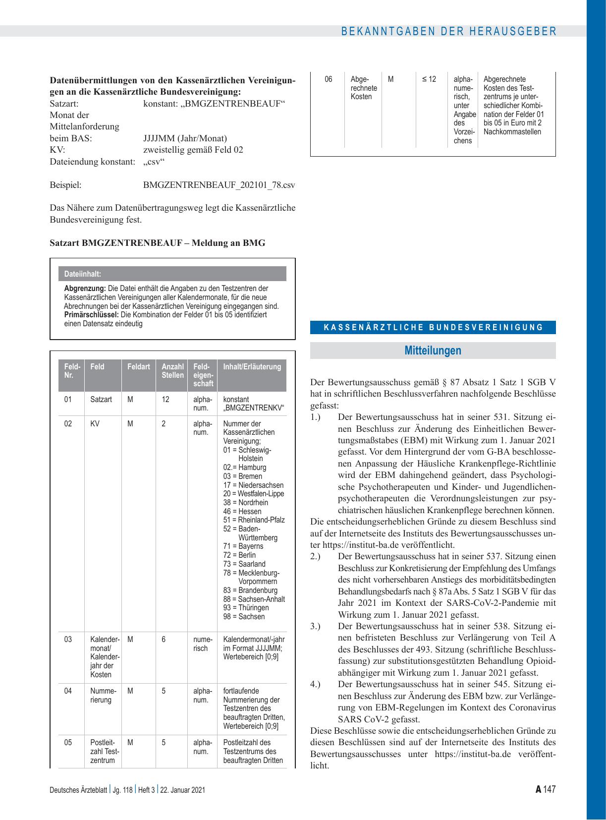 Vorschauseite 1: Beschluss des Bewertungsausschusses nach § 87 Abs. 1 Satz 1 SGB V in seiner 531. Sitzung (schriftliche Beschlussfassung) zur Änderung des Einheitlichen Bewertungsmaßstabes (EBM)