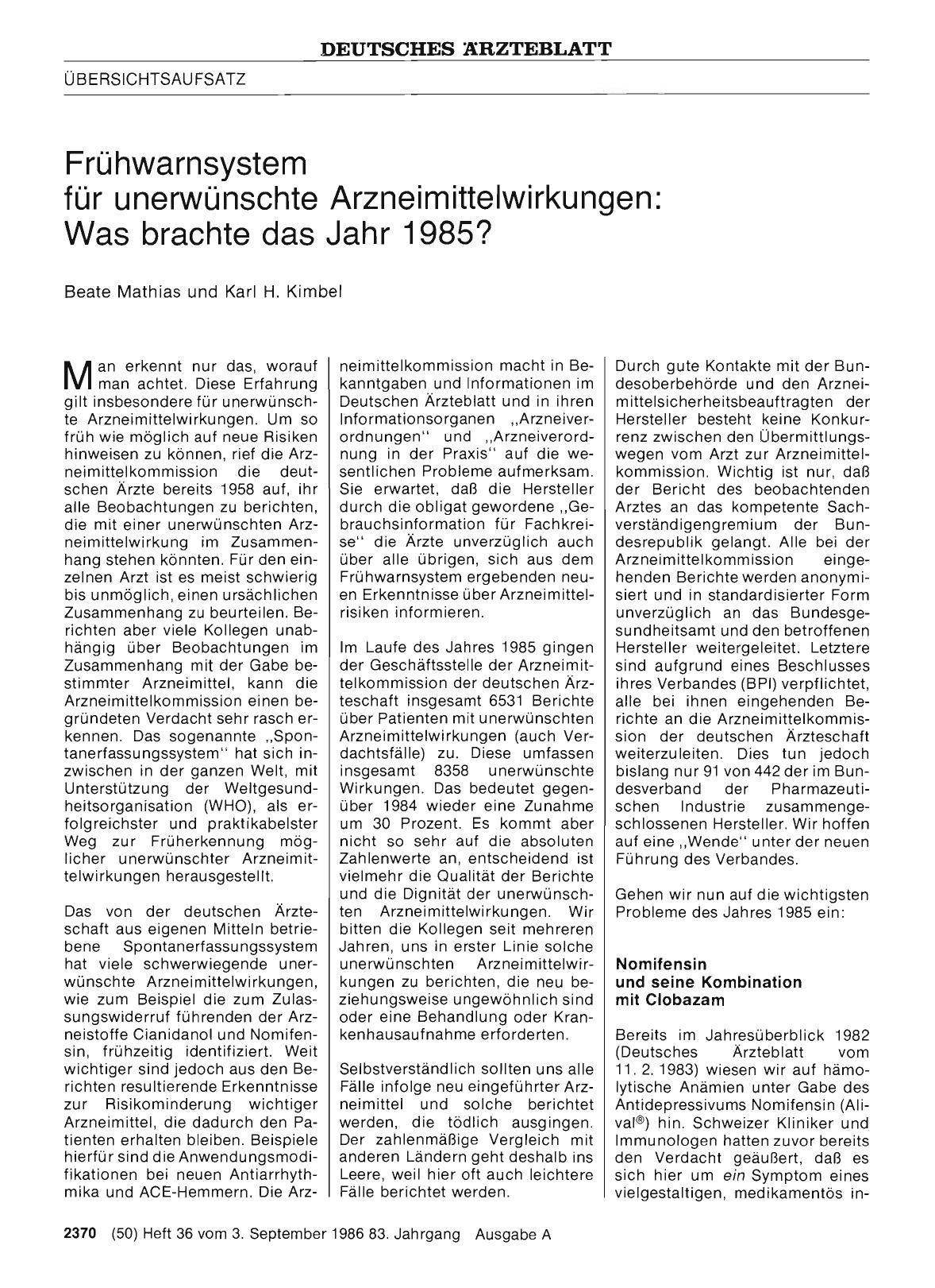 Vorschauseite 1: Frühwarnsystem für unerwünschte Arzneimittelwirkungen: Was brachte das Jahr 1985?