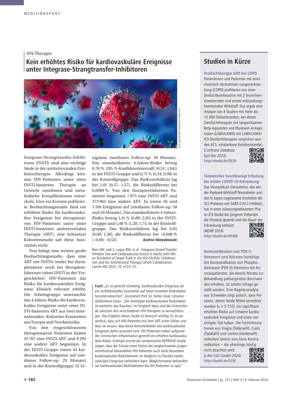 Vorschauseite 1: HIV-Therapie: Kein erhöhtes Risiko für kardiovaskuläre Ereignisse unter Integrase-Strangtransfer-Inhibitoren