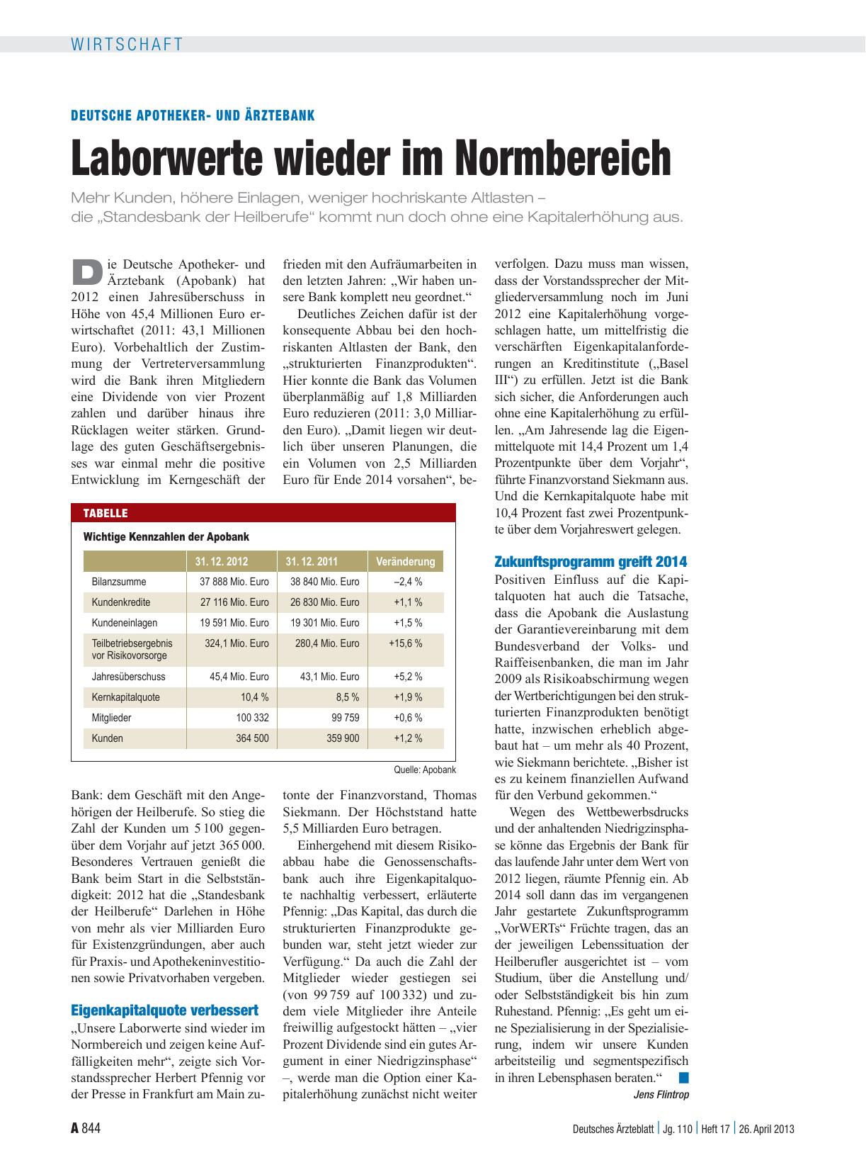 Vorschauseite 1: Deutsche Apothekerund Ärztebank: Laborwerte wieder im Normbereich