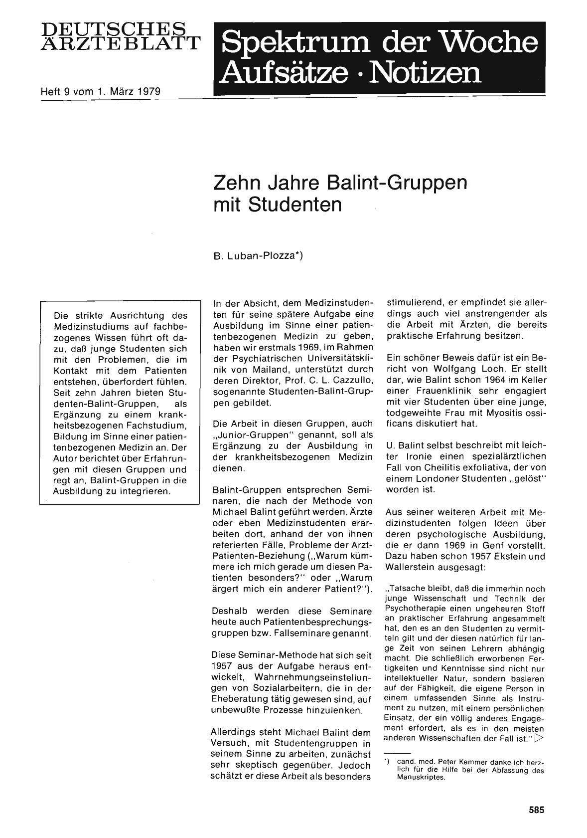 Vorschauseite 1: Zehn Jahre Balint-Gruppen mit Studenten