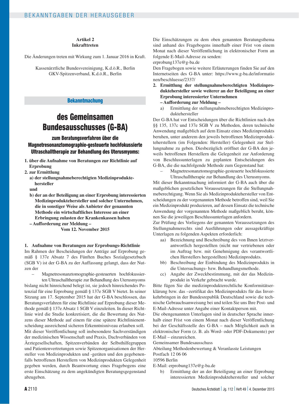 Vorschauseite 1: Bekanntmachung des Gemeinsamen Bundesausschusses (G-BA) zum Beratungsverfahren über die Magnetresonanztomographie-gesteuerte hochfokussierte Ultraschalltherapie zur Behandlung des…